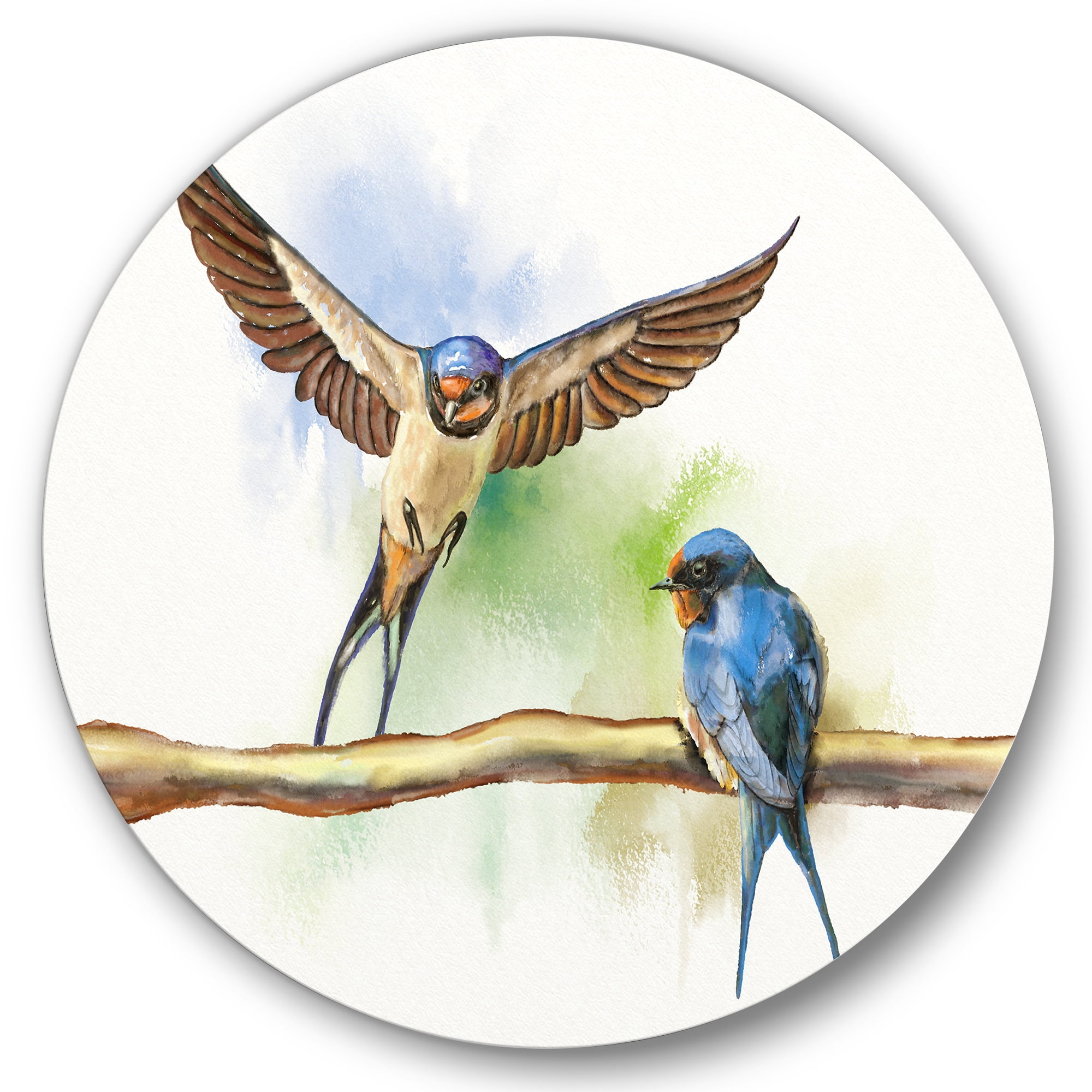 Designart 'Two Barn Swallows Birds On Branch' Farmhouse Circle Metal Wall Art 11x11 - Disc of 11