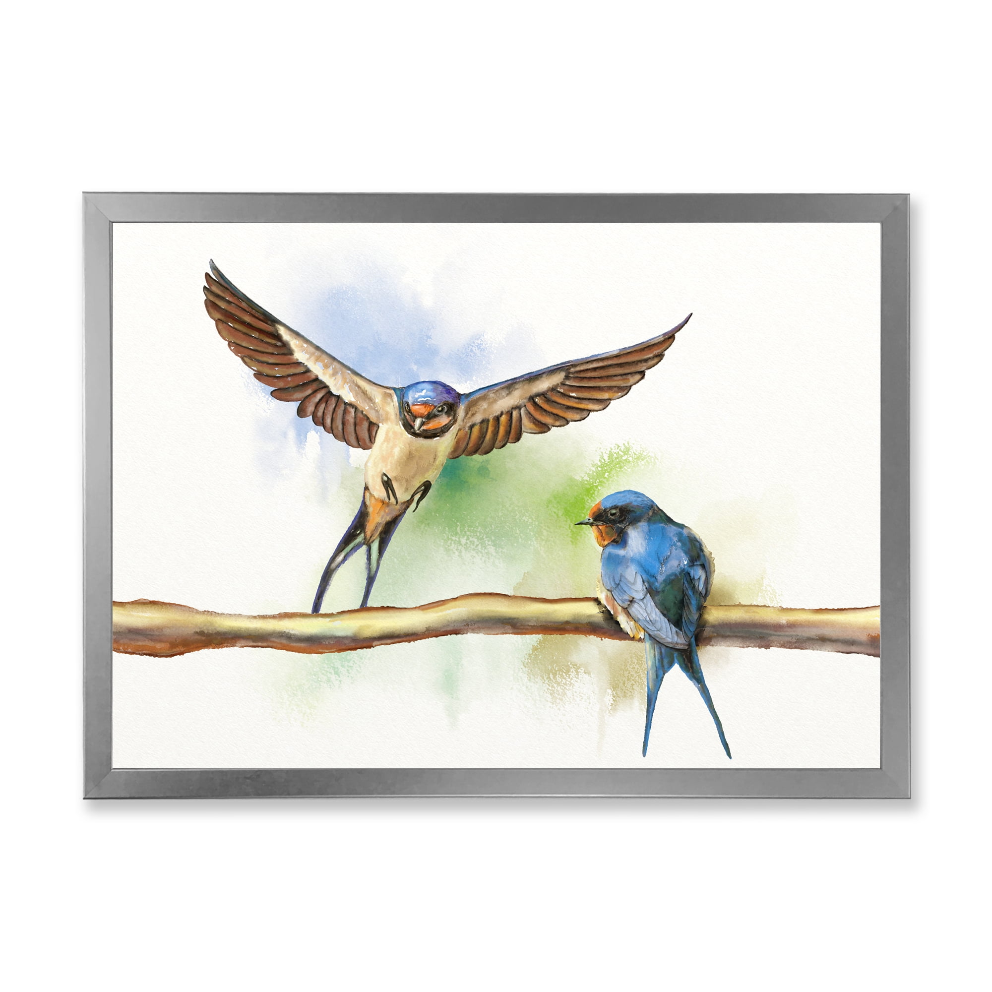 Designart 'Two Barn Swallows Birds On Branch' Farmhouse Framed Art Print