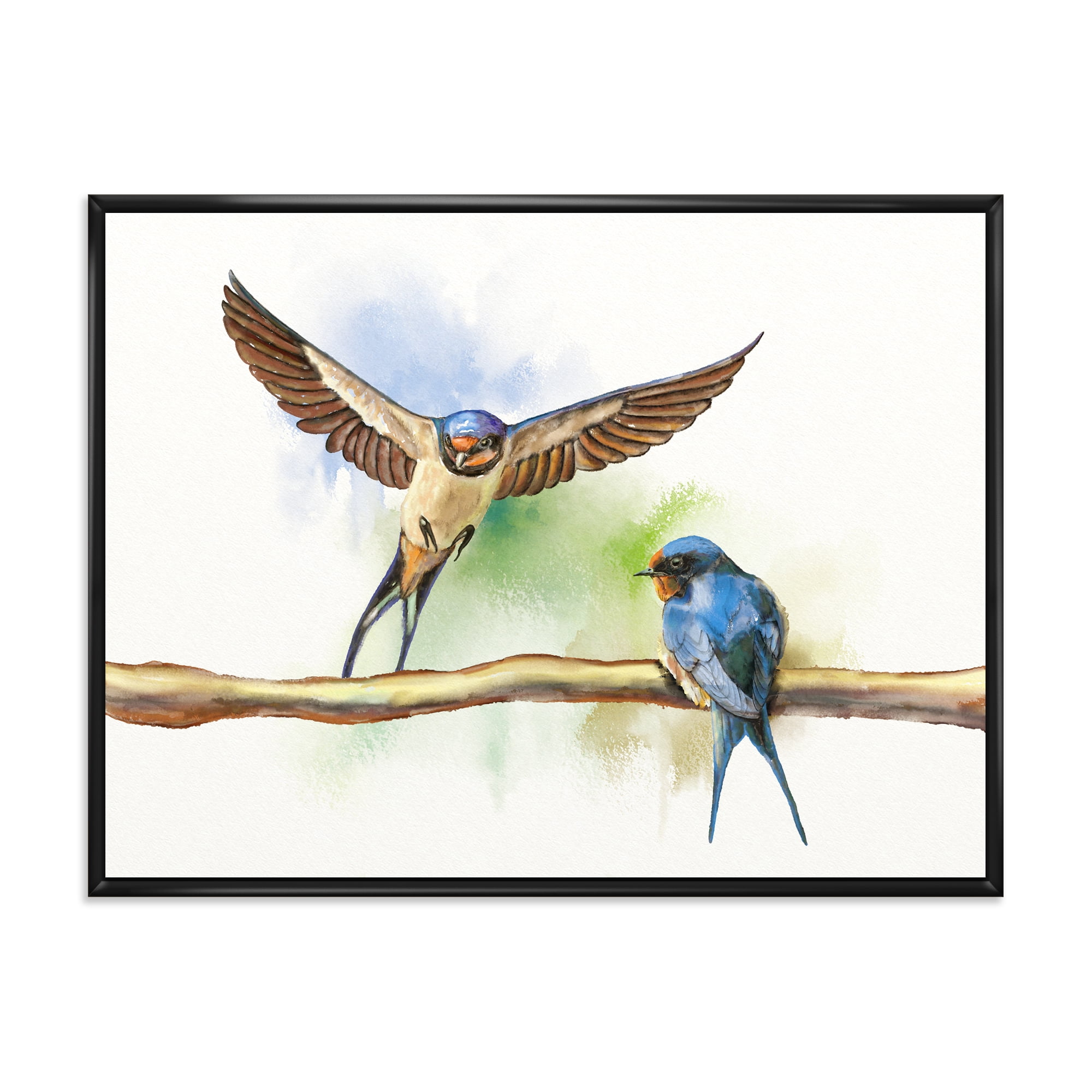Designart 'Two Barn Swallows Birds On Branch' Farmhouse Framed Canvas Wall Art Print