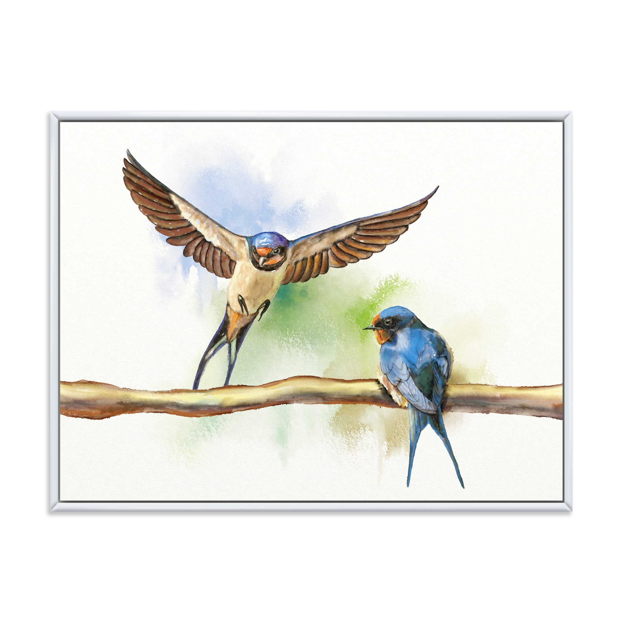 Designart 'Two Barn Swallows Birds On Branch' Farmhouse Framed Canvas Wall Art Print