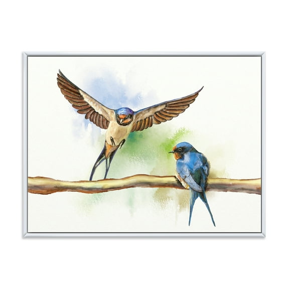 Designart 'Two Barn Swallows Birds On Branch' Farmhouse Framed Canvas Wall Art Print