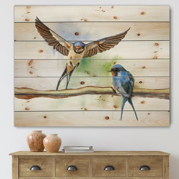 Designart 'Two Barn Swallows Birds On Branch' Farmhouse Print on Natural Pine Wood