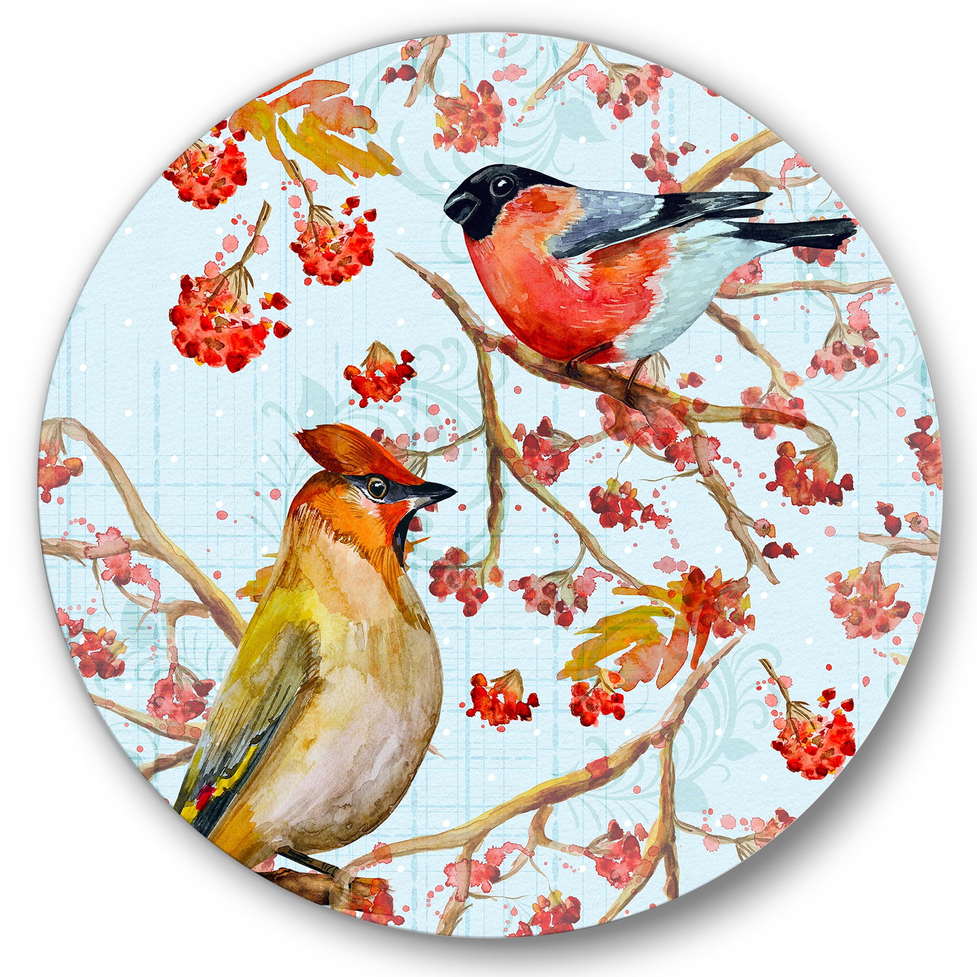 Designart 'Two Birds Sitting On Branches During Autumn' Traditional Circle Metal Wall Art 11x11 - Disc of 11