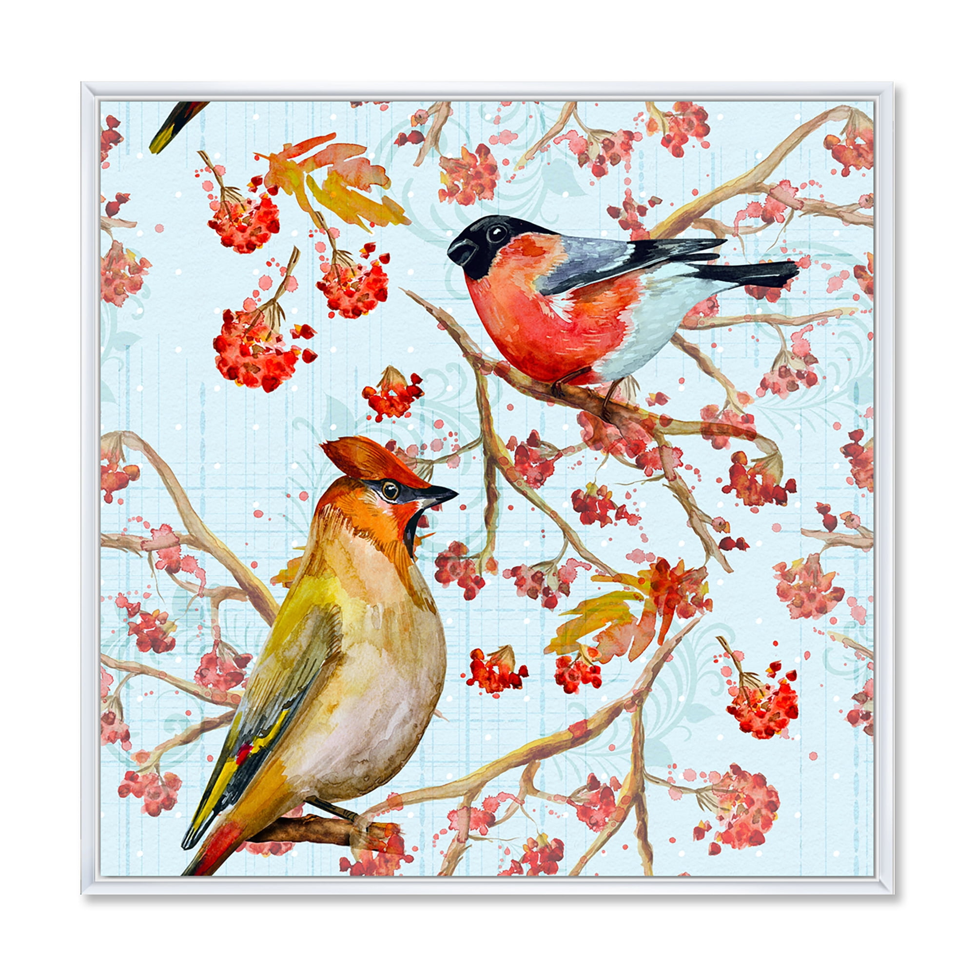Designart 'Two Birds Sitting On Branches During Autumn' Traditional Framed Canvas Wall Art Print