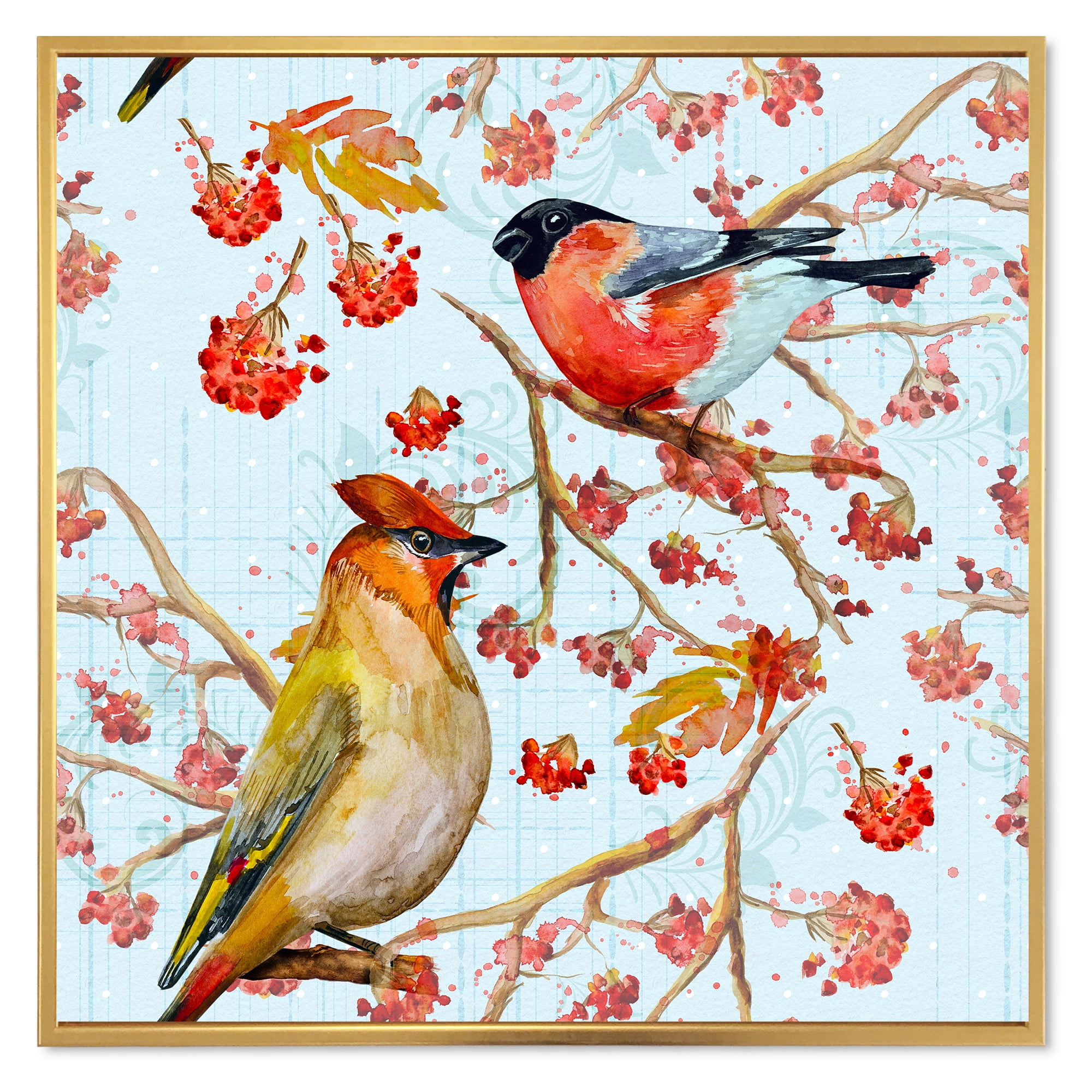 Designart 'Two Birds Sitting On Branches During Autumn' Traditional Framed Canvas Wall Art Print
