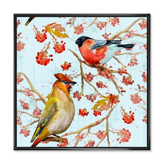 Designart 'Two Birds Sitting On Branches During Autumn' Traditional Framed Canvas Wall Art Print