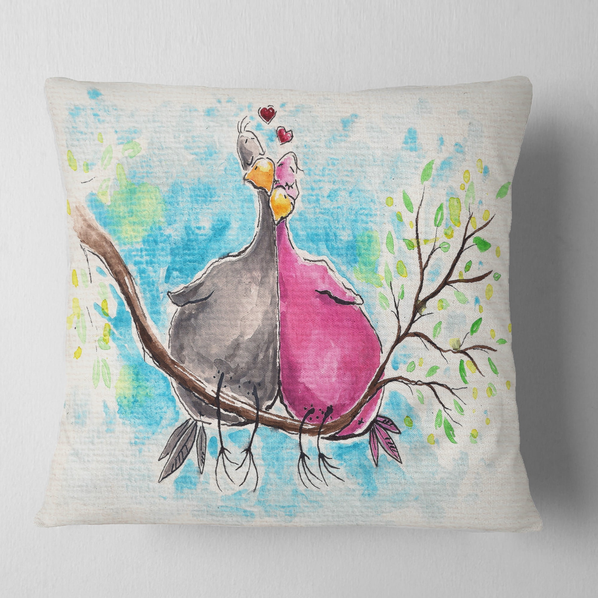 Designart Two Birds in Love on Branch - Abstract Throw Pillow - 16x16