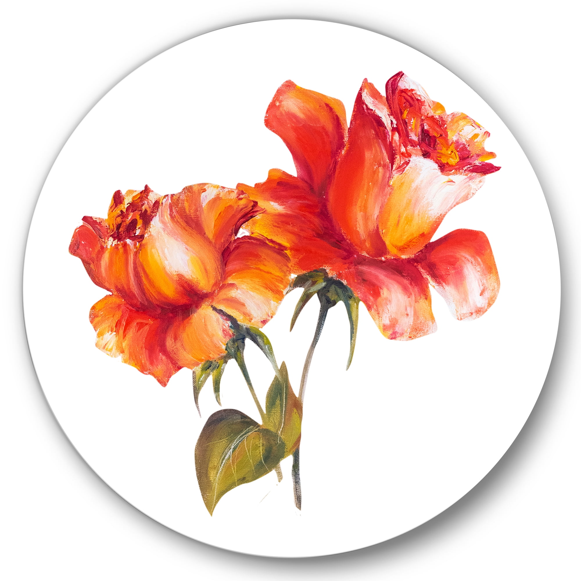Designart 'Two Blossoming Red Roses On White' Traditional Circle Metal Wall Art 23x23 - Disc of 23