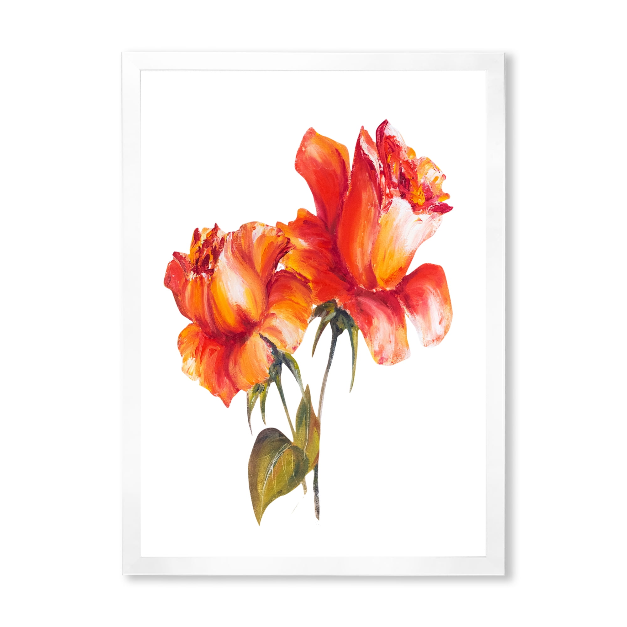 Designart 'Two Blossoming Red Roses On White' Traditional Framed Art Print