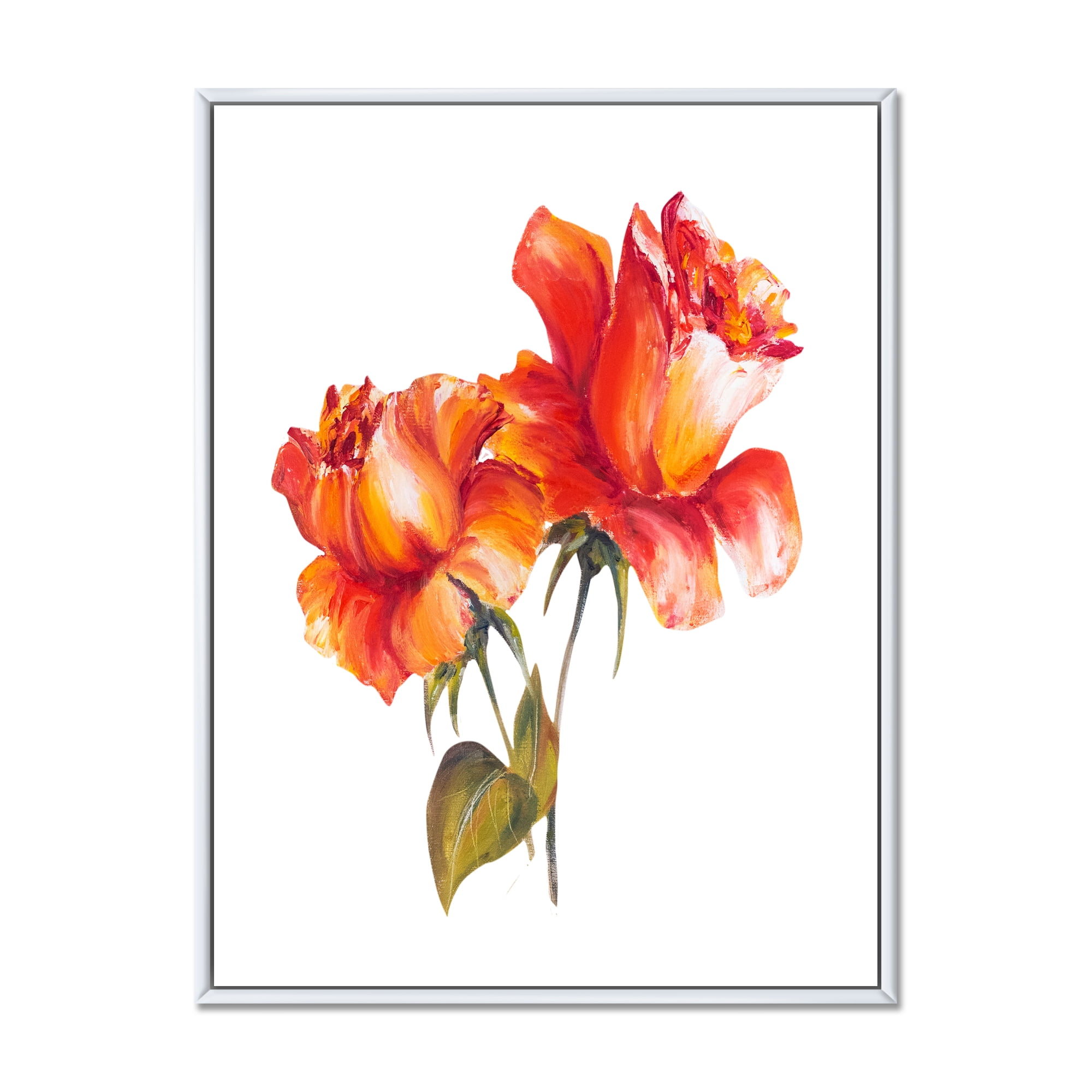 Designart 'Two Blossoming Red Roses On White' Traditional Framed Canvas Wall Art Print