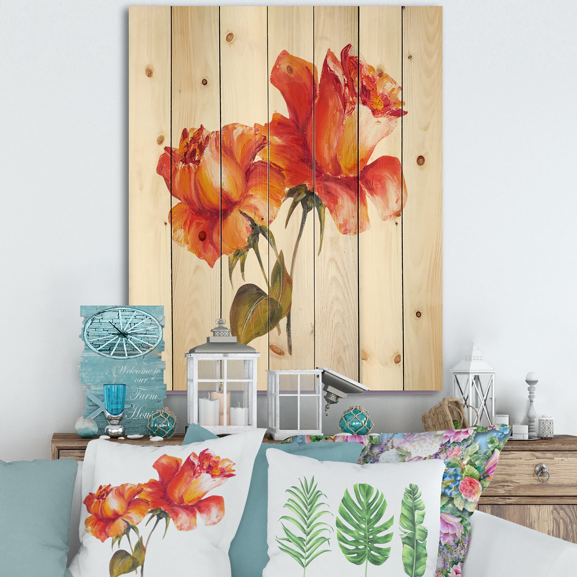 Designart 'Two Blossoming Red Roses On White' Traditional Print on Natural Pine Wood