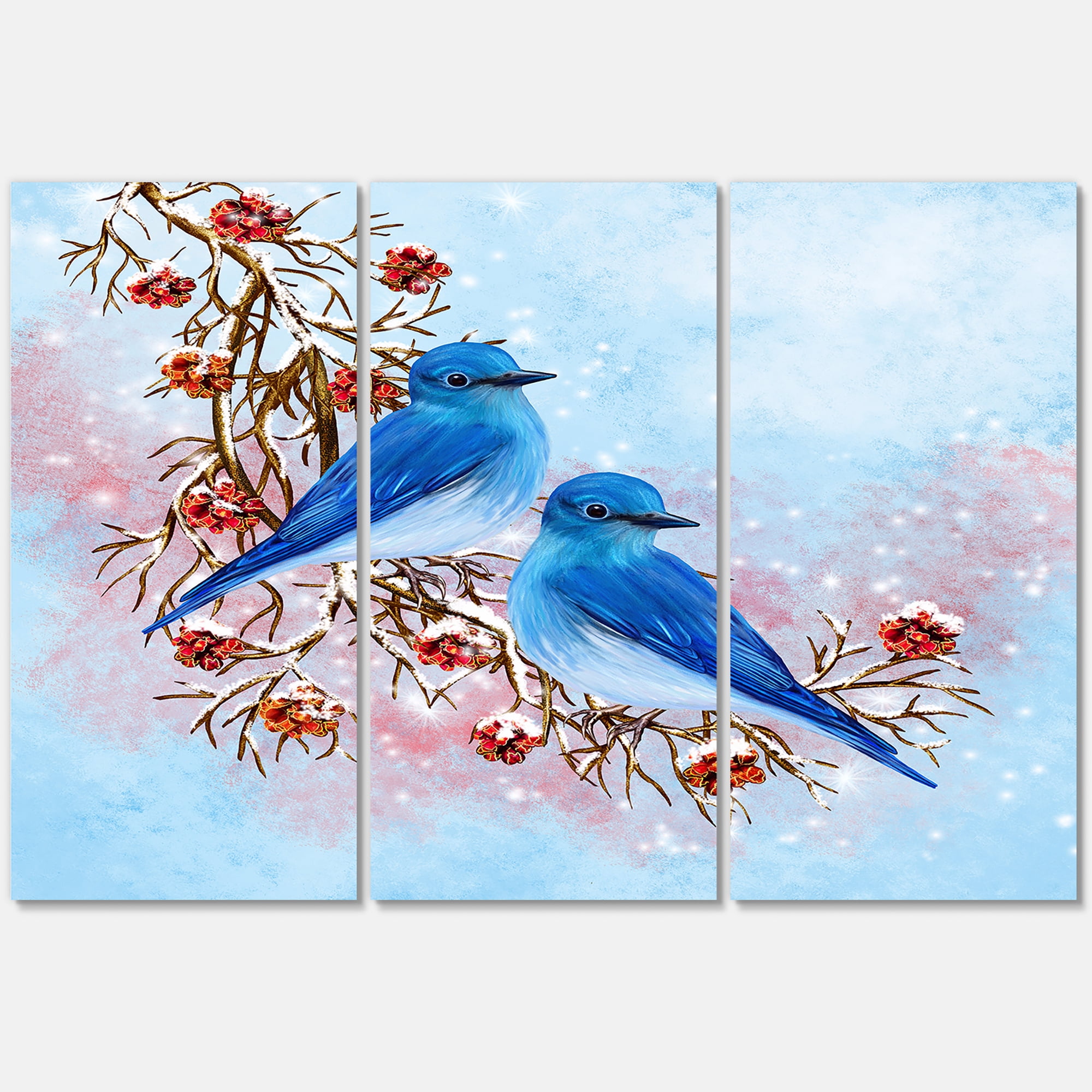 Designart ' Two Blue Birds Sitting On A Branch With Berries In Winter ' Traditional Canvas Wall Art Print