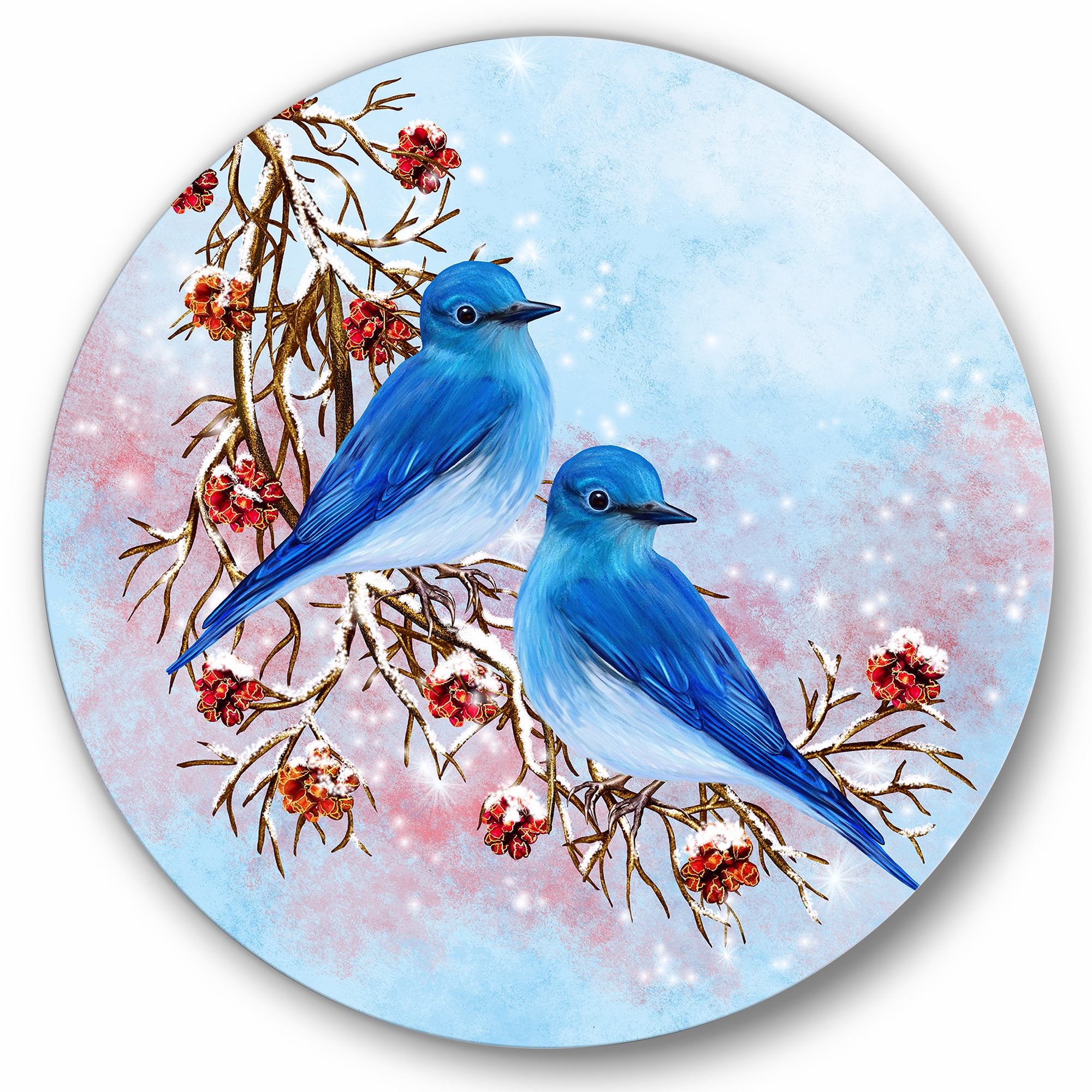 Designart 'Two Blue Birds Sitting On A Branch With Berries In Winter' Traditional Circle Metal Wall Art 36x36 - Disc of 36