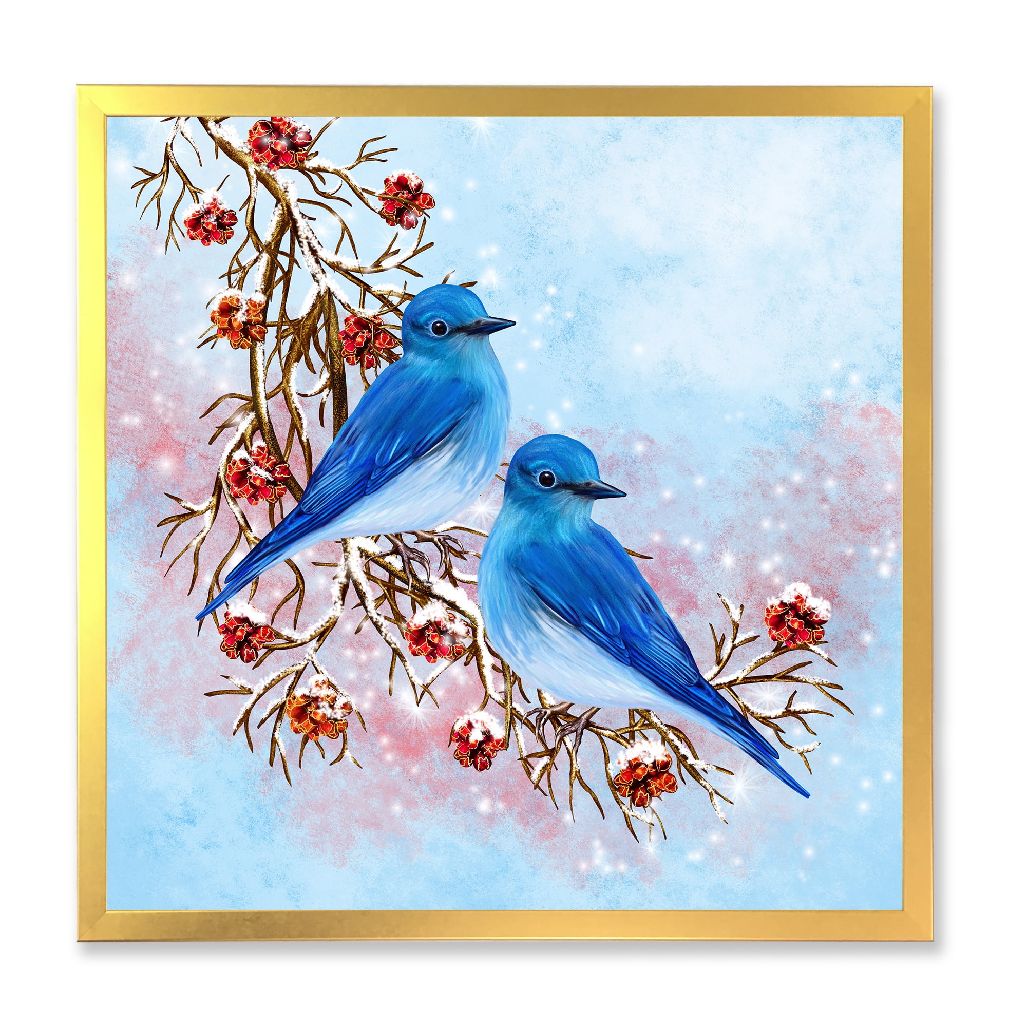 Designart 'Two Blue Birds Sitting On A Branch With Berries In Winter' Traditional Framed Art Print