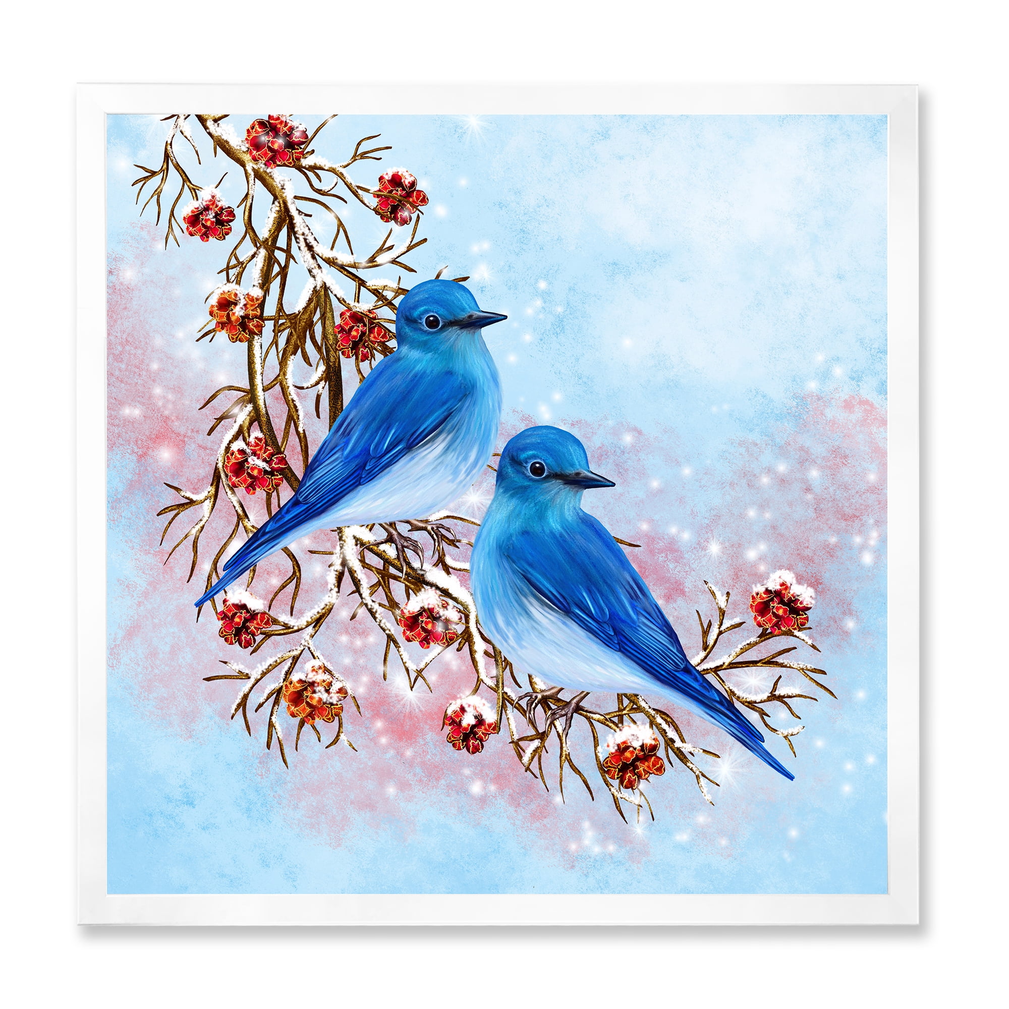 Designart 'Two Blue Birds Sitting On A Branch With Berries In Winter' Traditional Framed Art Print
