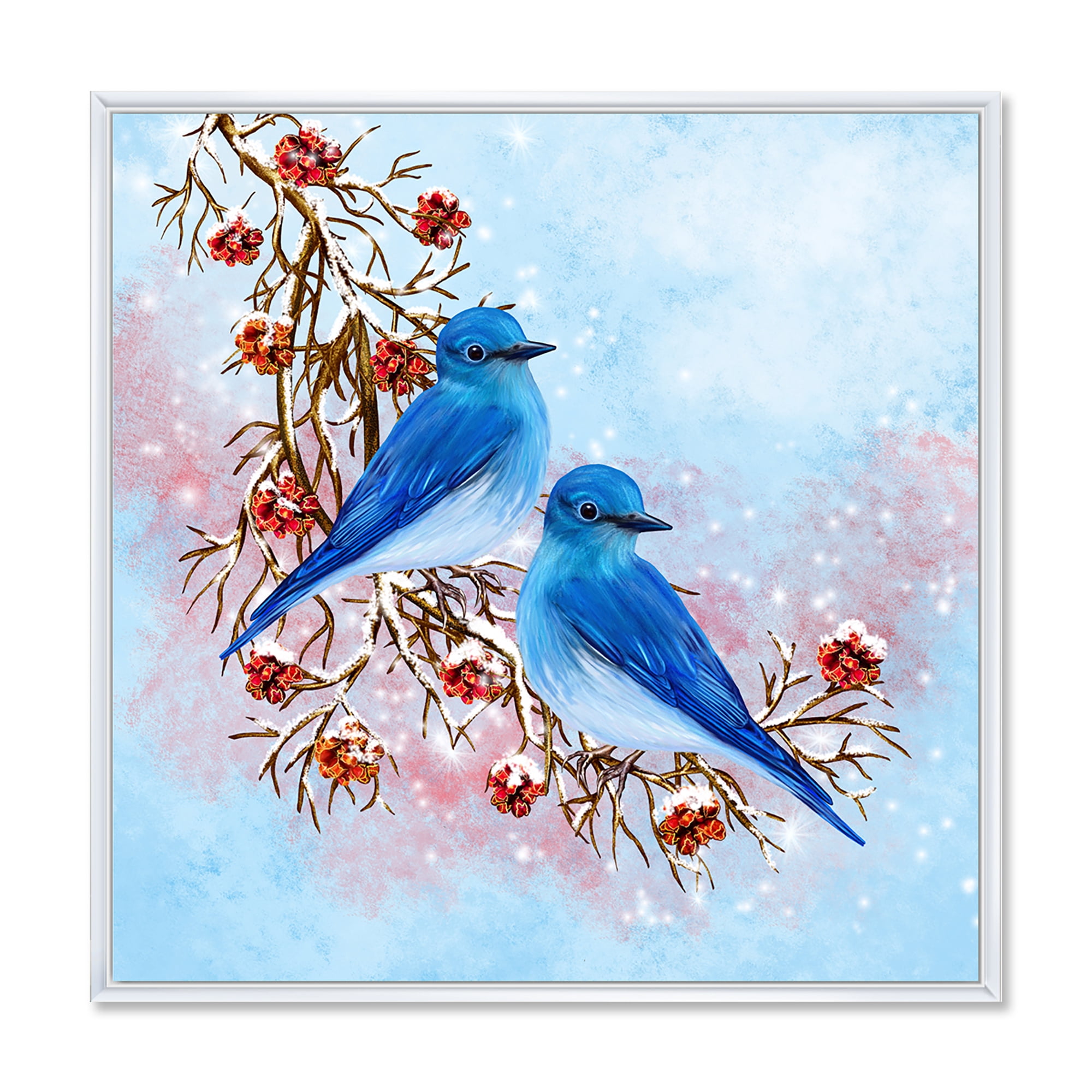Designart 'Two Blue Birds Sitting On A Branch With Berries In Winter' Traditional Framed Canvas Wall Art Print