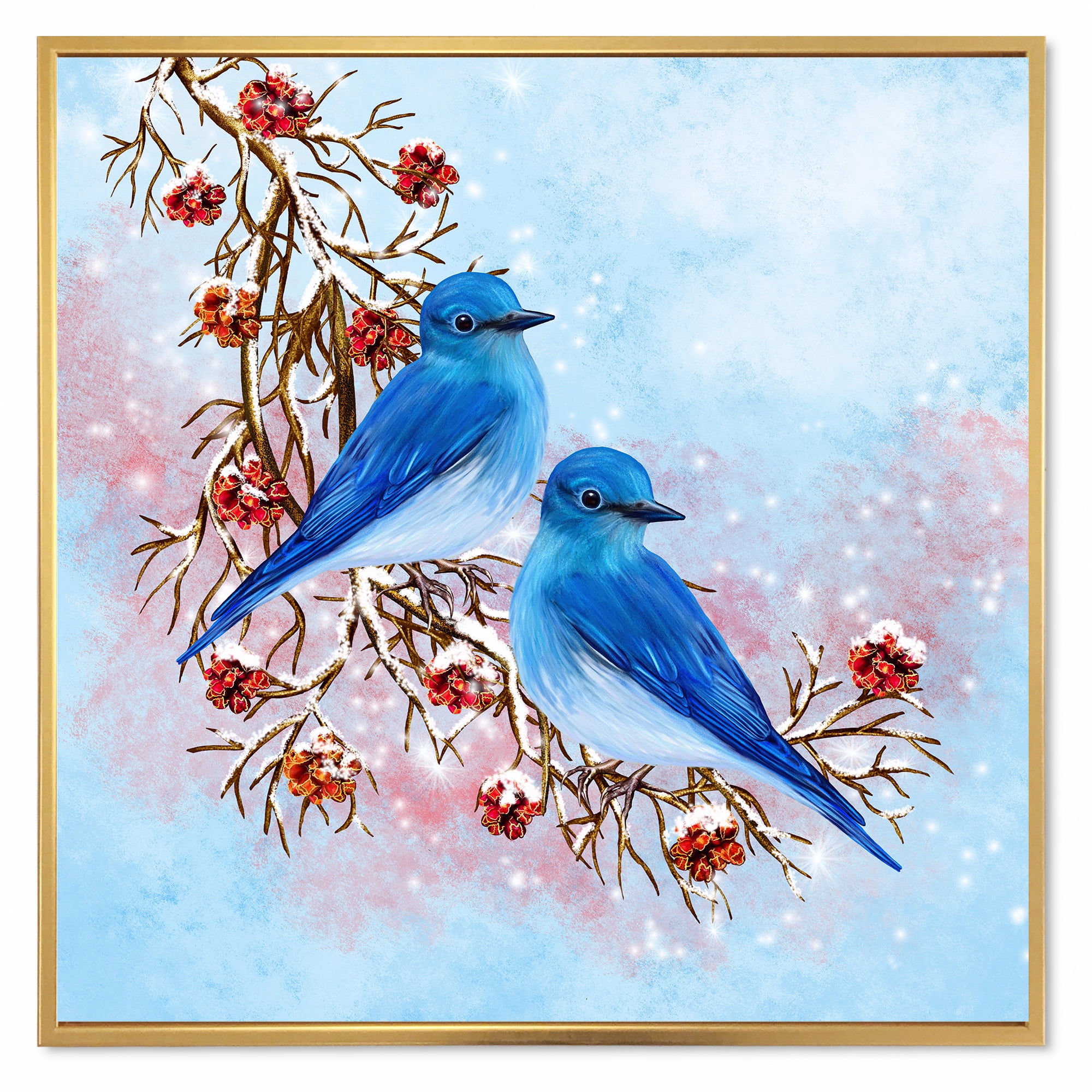 Designart 'Two Blue Birds Sitting On A Branch With Berries In Winter' Traditional Framed Canvas Wall Art Print