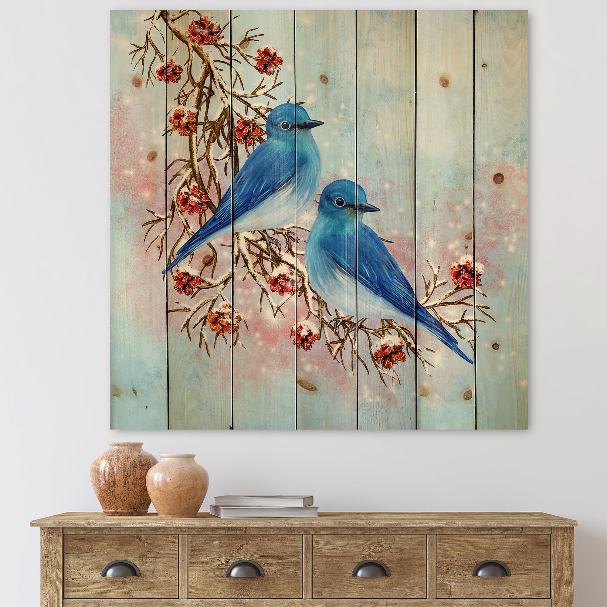 Designart 'Two Blue Birds Sitting On A Branch With Berries In Winter' Traditional Print on Natural Pine Wood