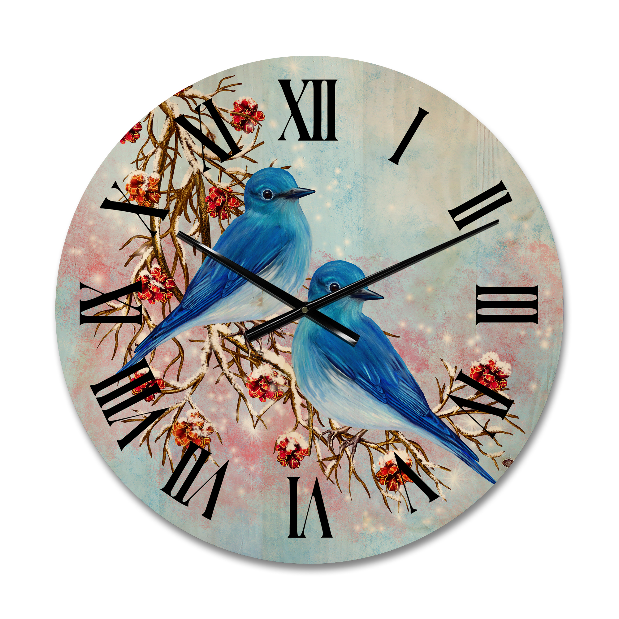 Designart 'Two Blue Birds Sitting On A Branch With Berries In Winter' Traditional Wood Wall Clock