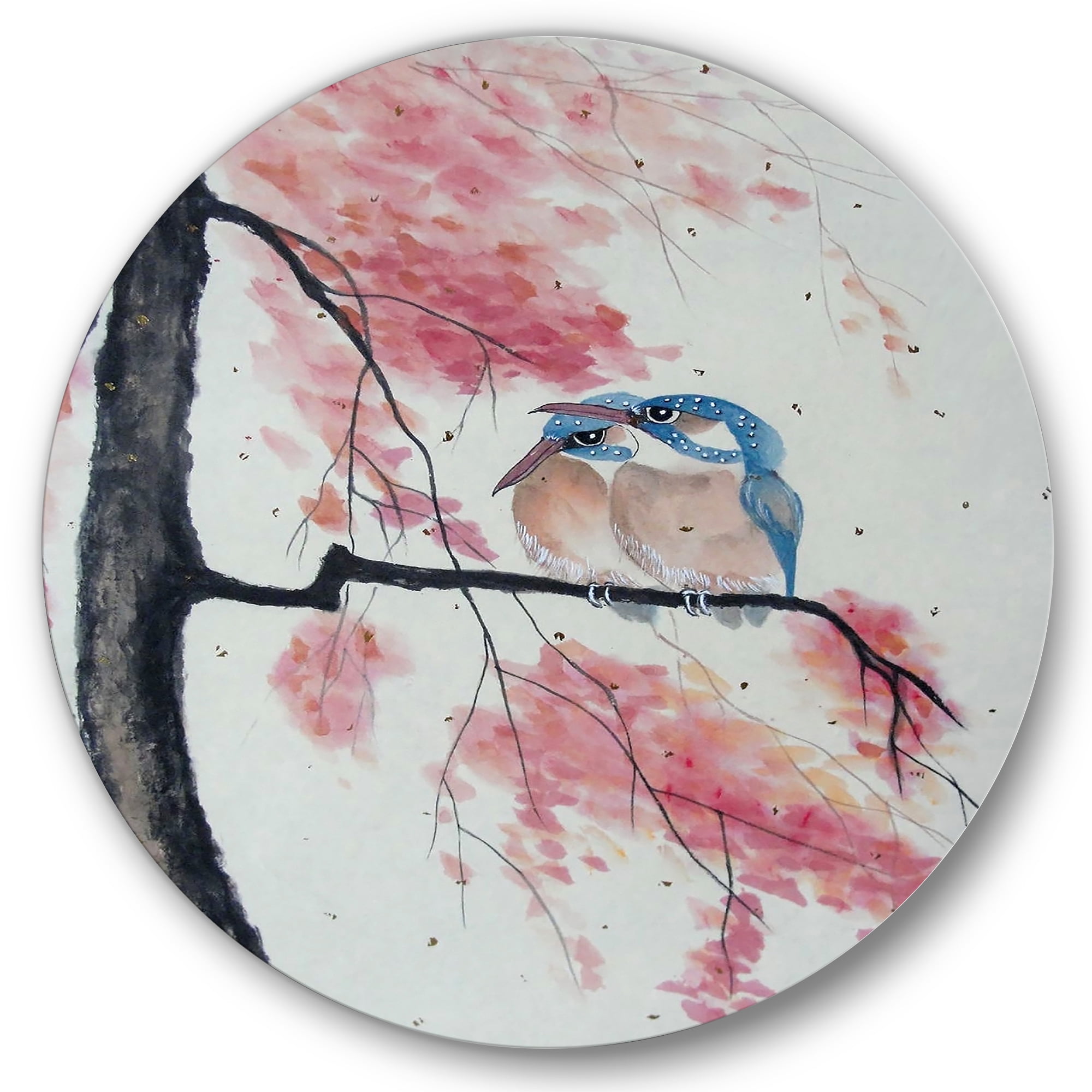Designart 'Two Blue Kingfisher Birds Sitting On A Flowering Branch' Traditional Circle Metal Wall Art 11x11 - Disc of 11