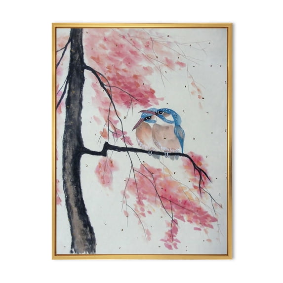Designart 'Two Blue Kingfisher Birds Sitting On A Flowering Branch' Traditional Framed Canvas Wall Art Print