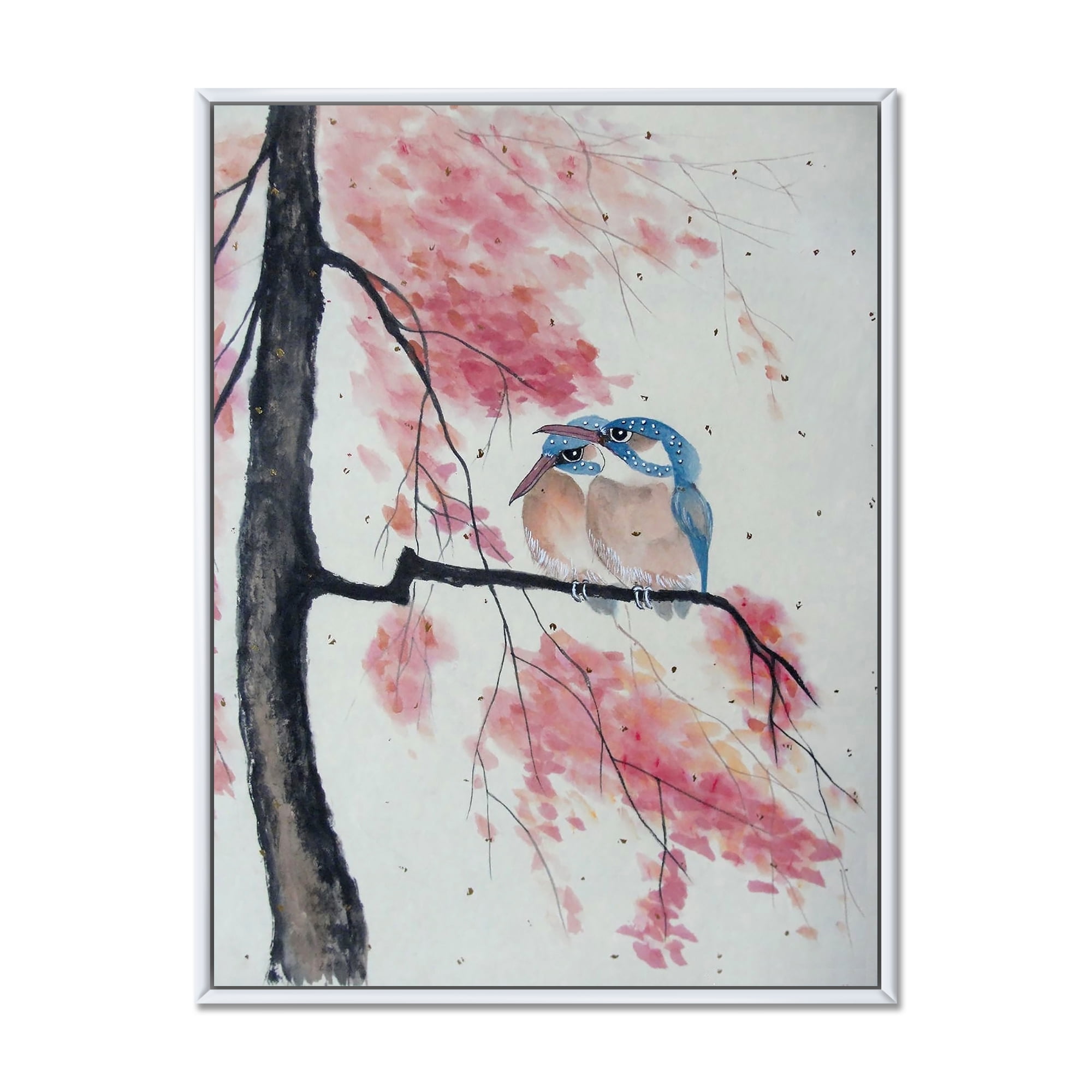Designart 'Two Blue Kingfisher Birds Sitting On A Flowering Branch' Traditional Framed Canvas Wall Art Print