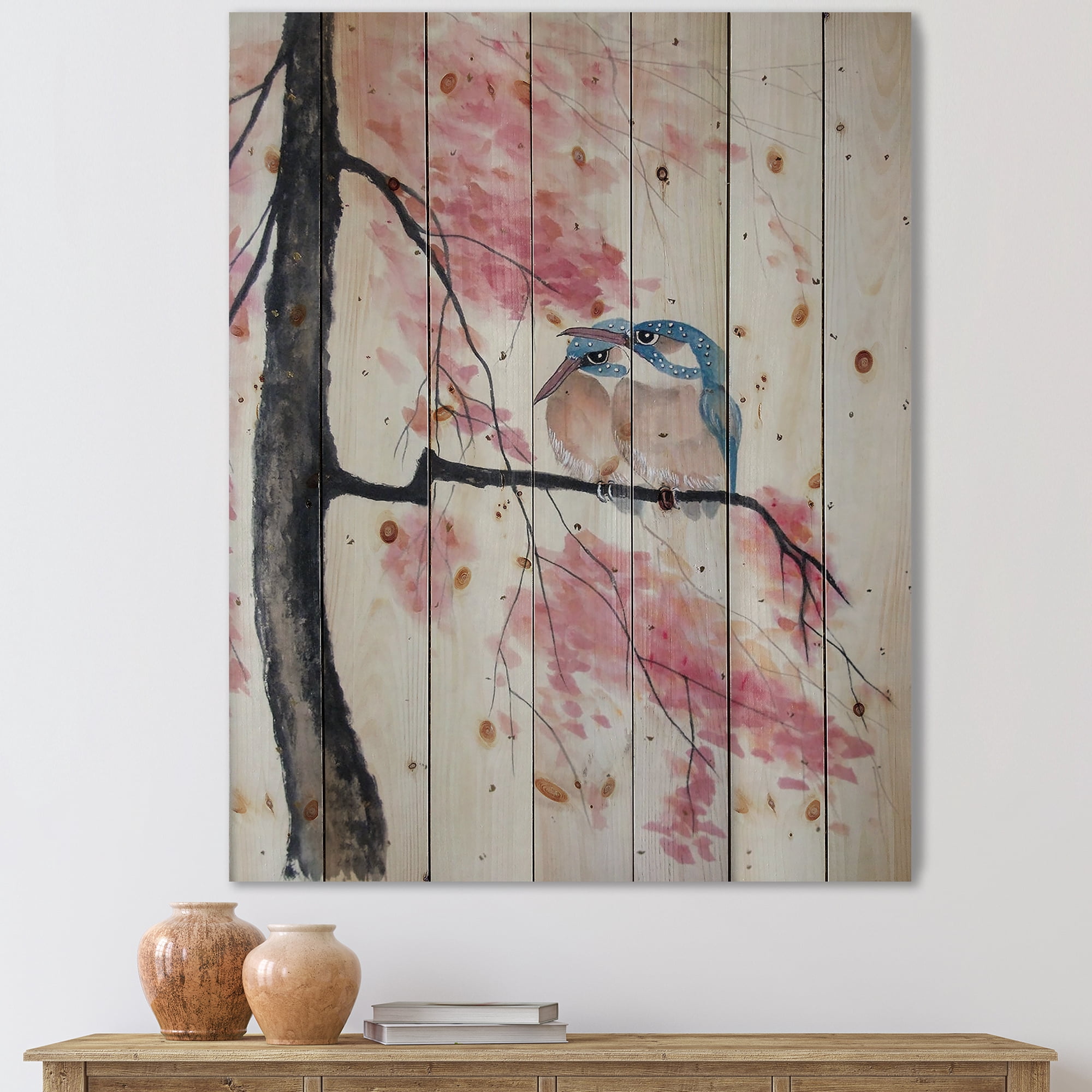 Designart 'Two Blue Kingfisher Birds Sitting On A Flowering Branch' Traditional Print on Natural Pine Wood