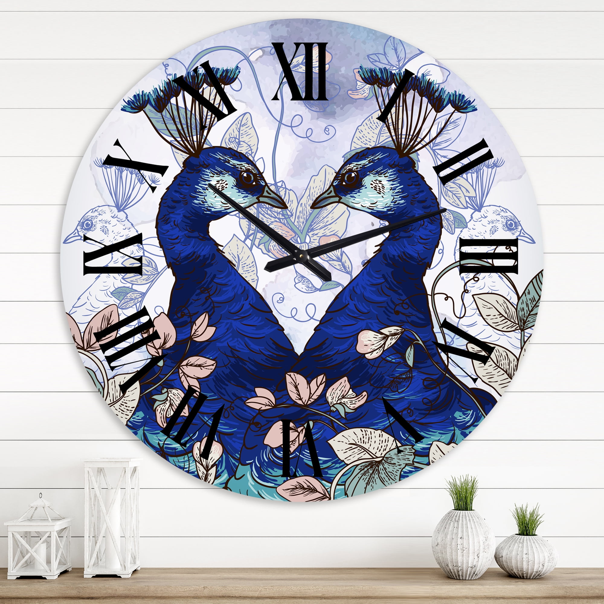 Designart 'Two Blue Peacocks With Wildflowers' Traditional Wall Clock