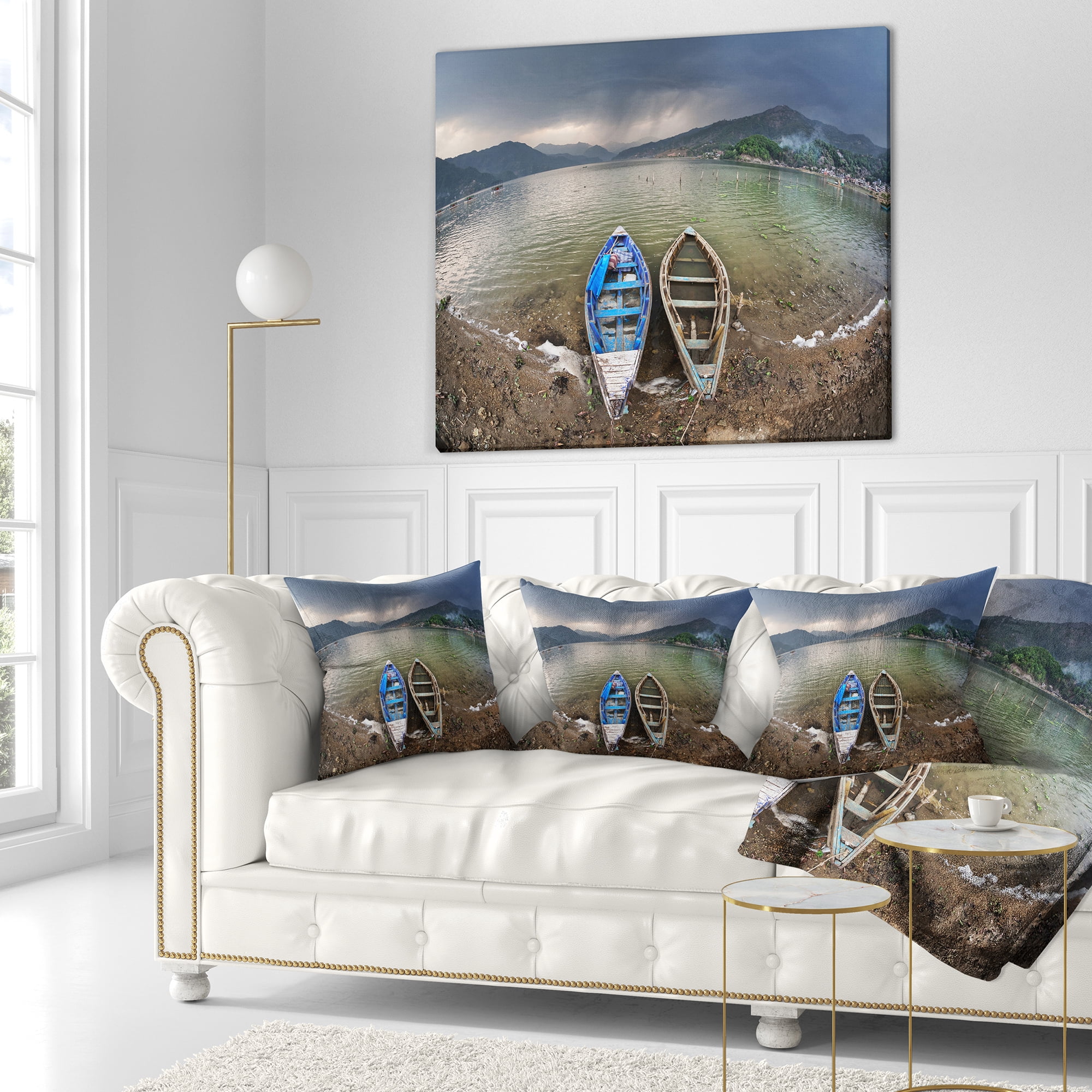 Designart Two Boats near Pokhara Lake - Boat Throw Pillow - 18x18