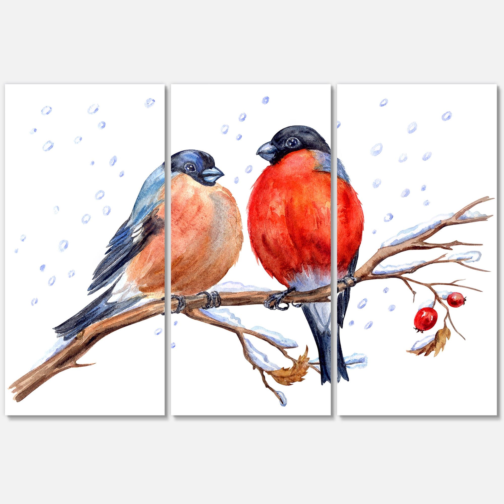 Designart ' Two Bullfinches On A Hawthorn Branch with Snowfall In Winter ' Traditional Canvas Wall Art Print
