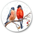 thumbnail image 1 of Designart 'Two Bullfinches On A Hawthorn Branch with Snowfall In Winter' Traditional Circle Metal Wall Art 29x29 - Disc of 29, 1 of 5