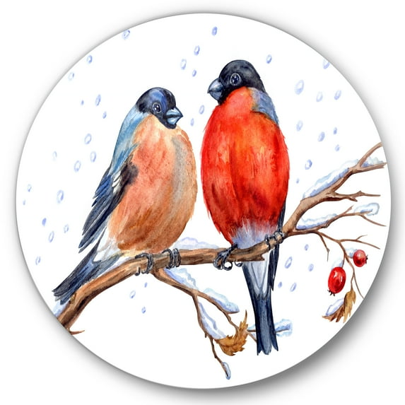 Designart 'Two Bullfinches On A Hawthorn Branch with Snowfall In Winter' Traditional Circle Metal Wall Art 29x29 - Disc of 29