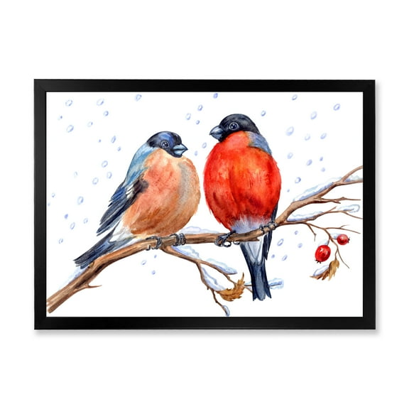 Designart 'Two Bullfinches On A Hawthorn Branch with Snowfall In Winter' Traditional Framed Art Print