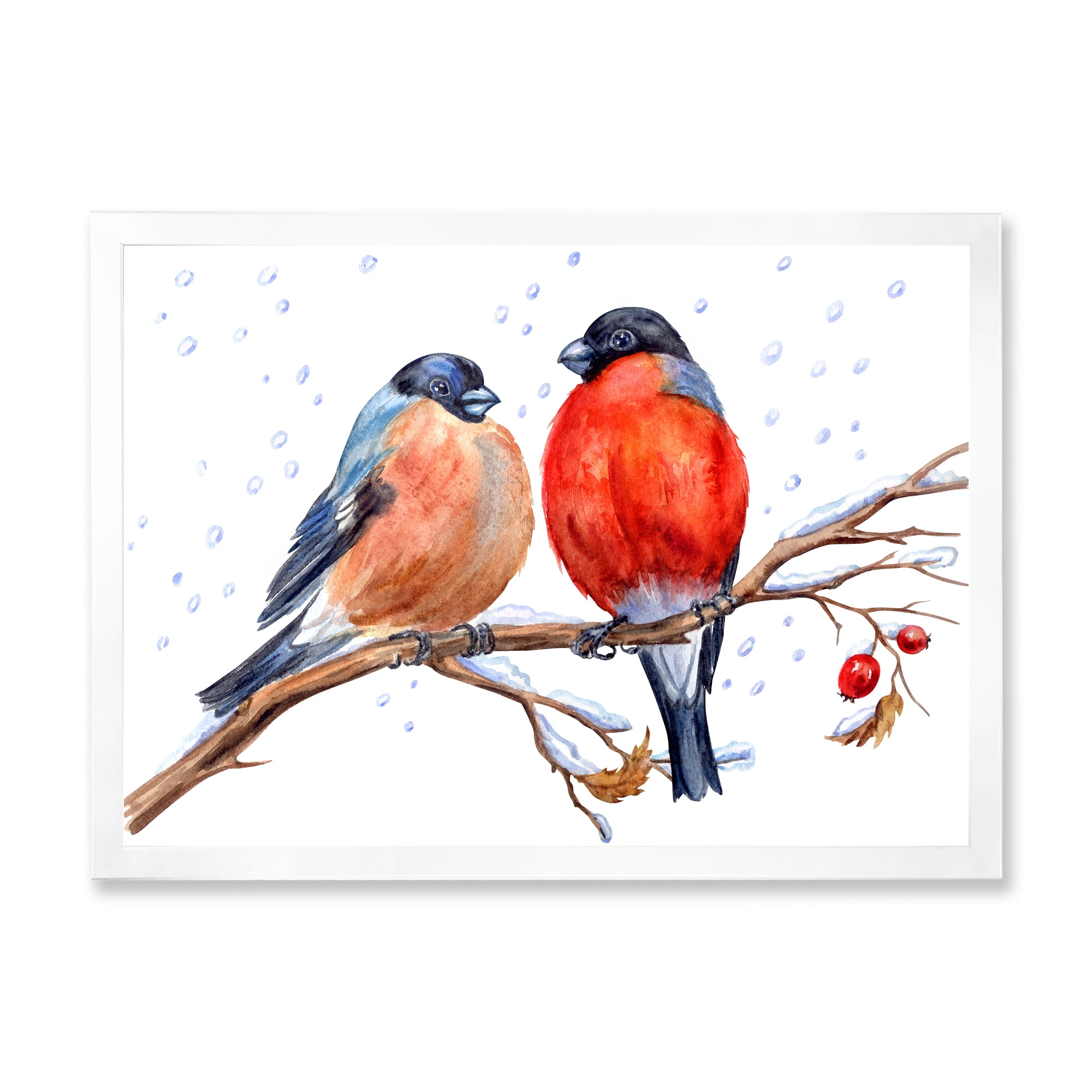 Designart 'Two Bullfinches On A Hawthorn Branch with Snowfall In Winter' Traditional Framed Art Print