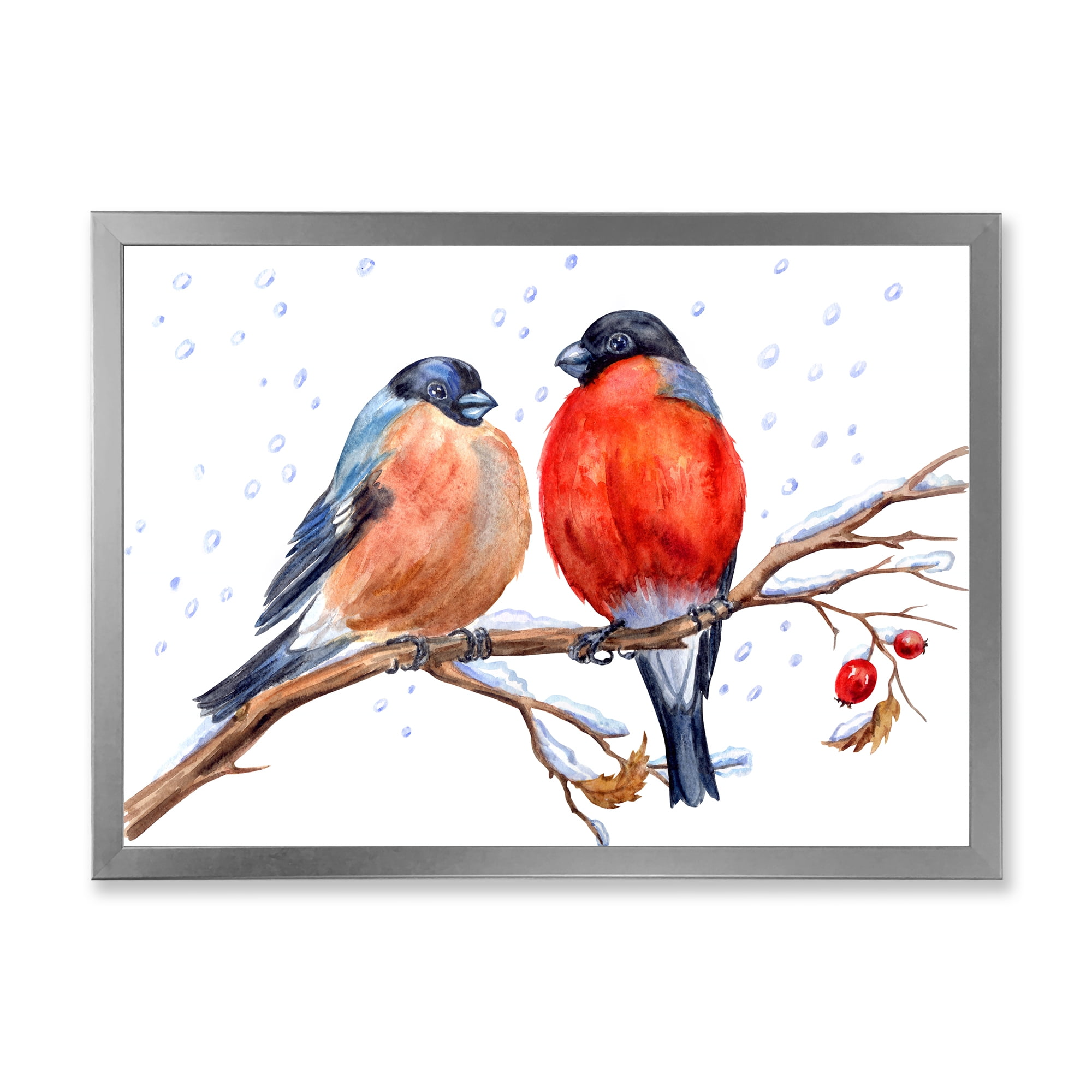 Designart 'Two Bullfinches On A Hawthorn Branch with Snowfall In Winter' Traditional Framed Art Print