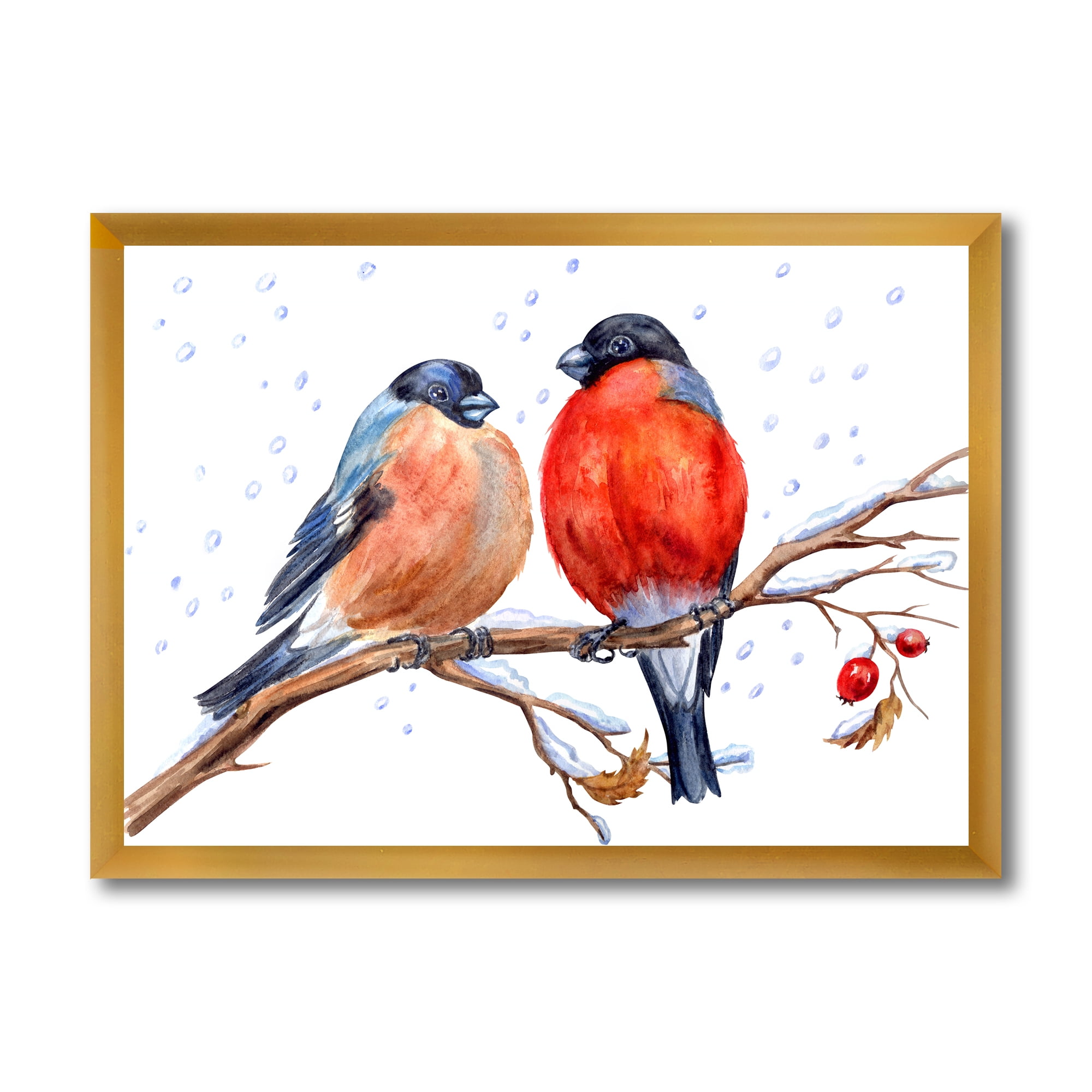 Designart 'Two Bullfinches On A Hawthorn Branch with Snowfall In Winter' Traditional Framed Art Print