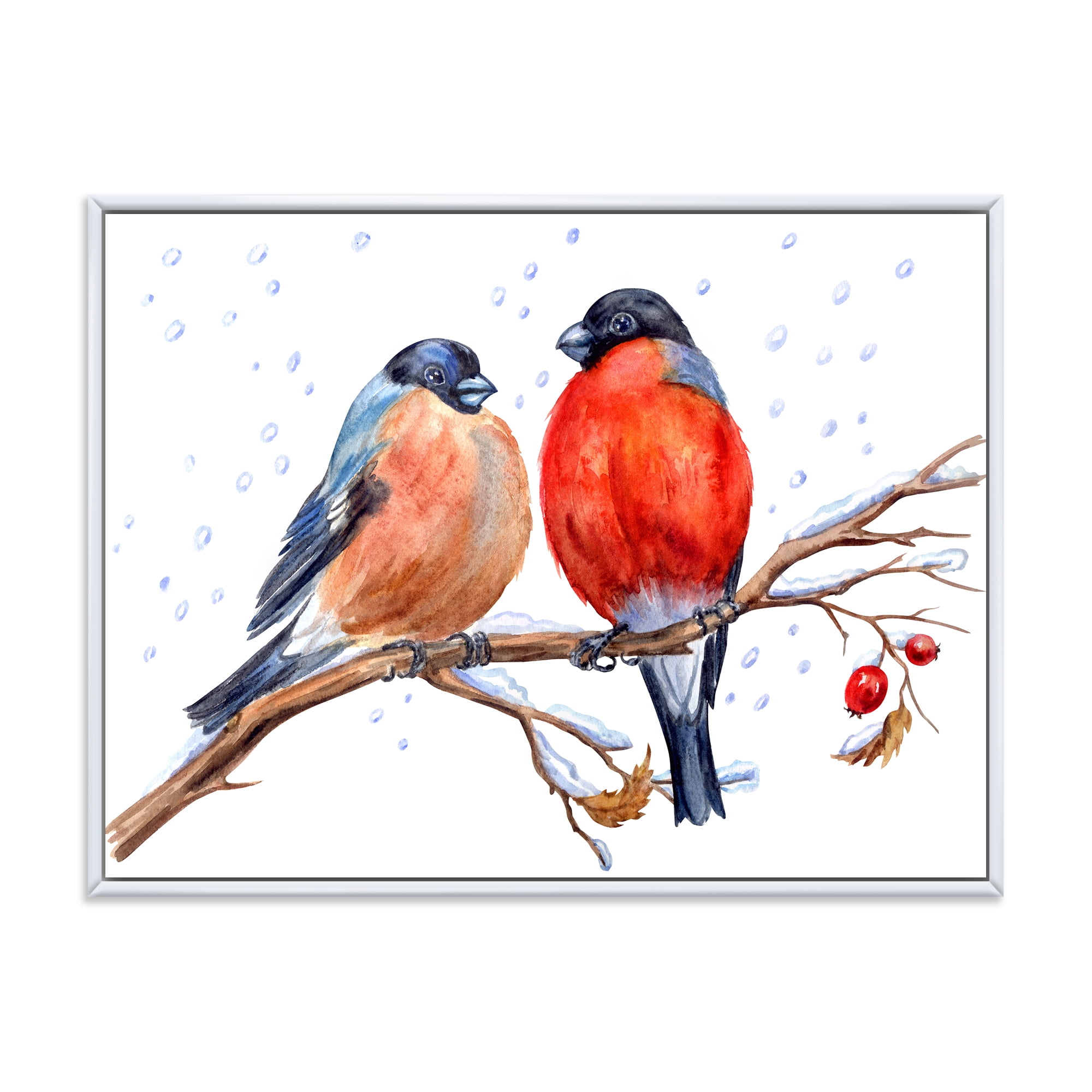 Designart 'Two Bullfinches On A Hawthorn Branch with Snowfall In Winter' Traditional Framed Canvas Wall Art Print
