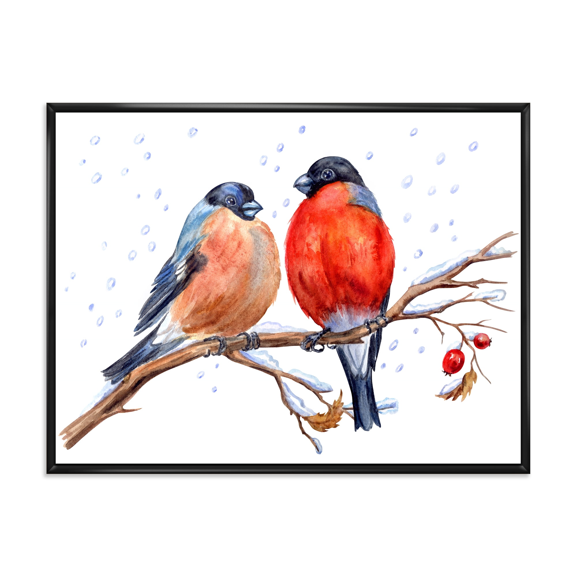 Designart 'Two Bullfinches On A Hawthorn Branch with Snowfall In Winter' Traditional Framed Canvas Wall Art Print