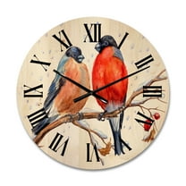 Designart 'Two Bullfinches On A Hawthorn Branch with Snowfall In Winter' Traditional Wood Wall Clock