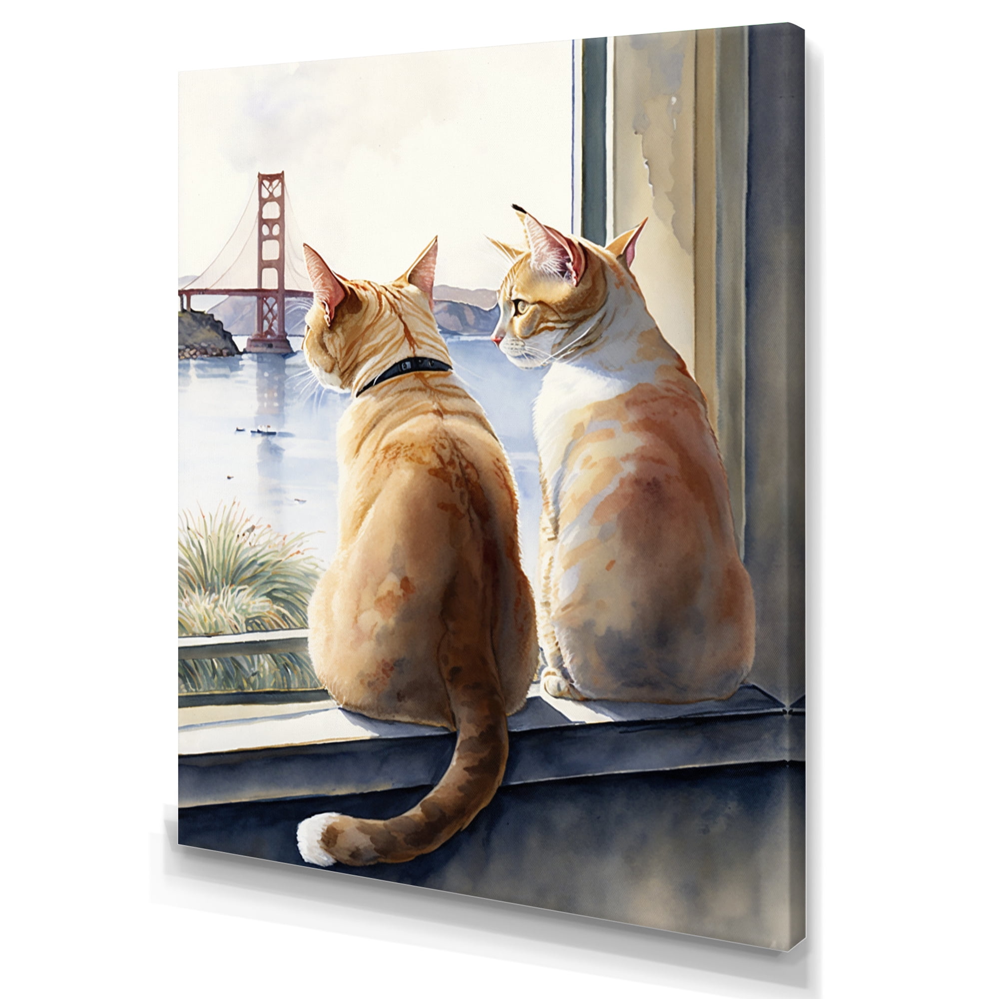 Designart Two Cats Sitting The Coast Canvas Wall Art Grey/Beige