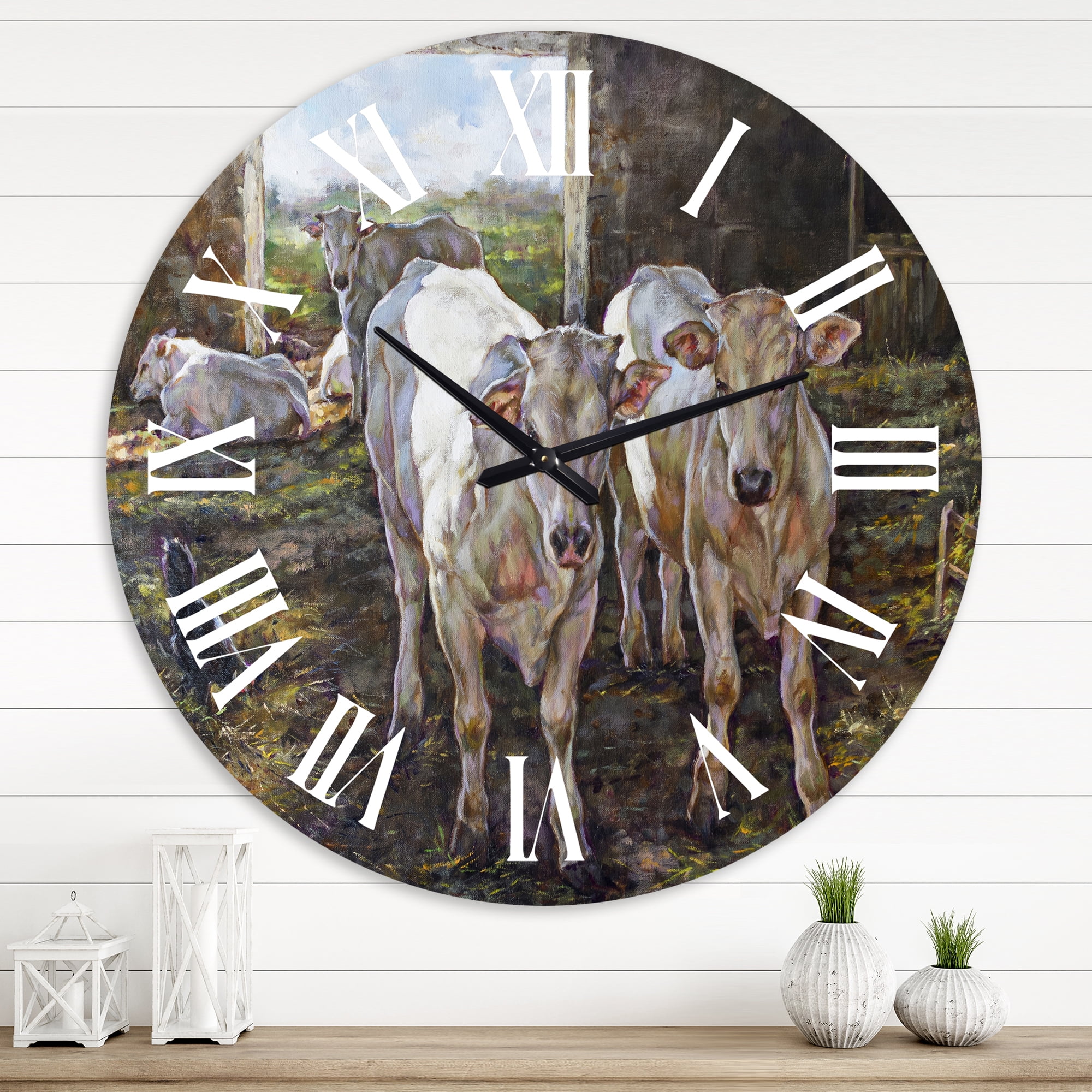 Designart 'Two Cows In The Stable' Farmhouse Wall Clock