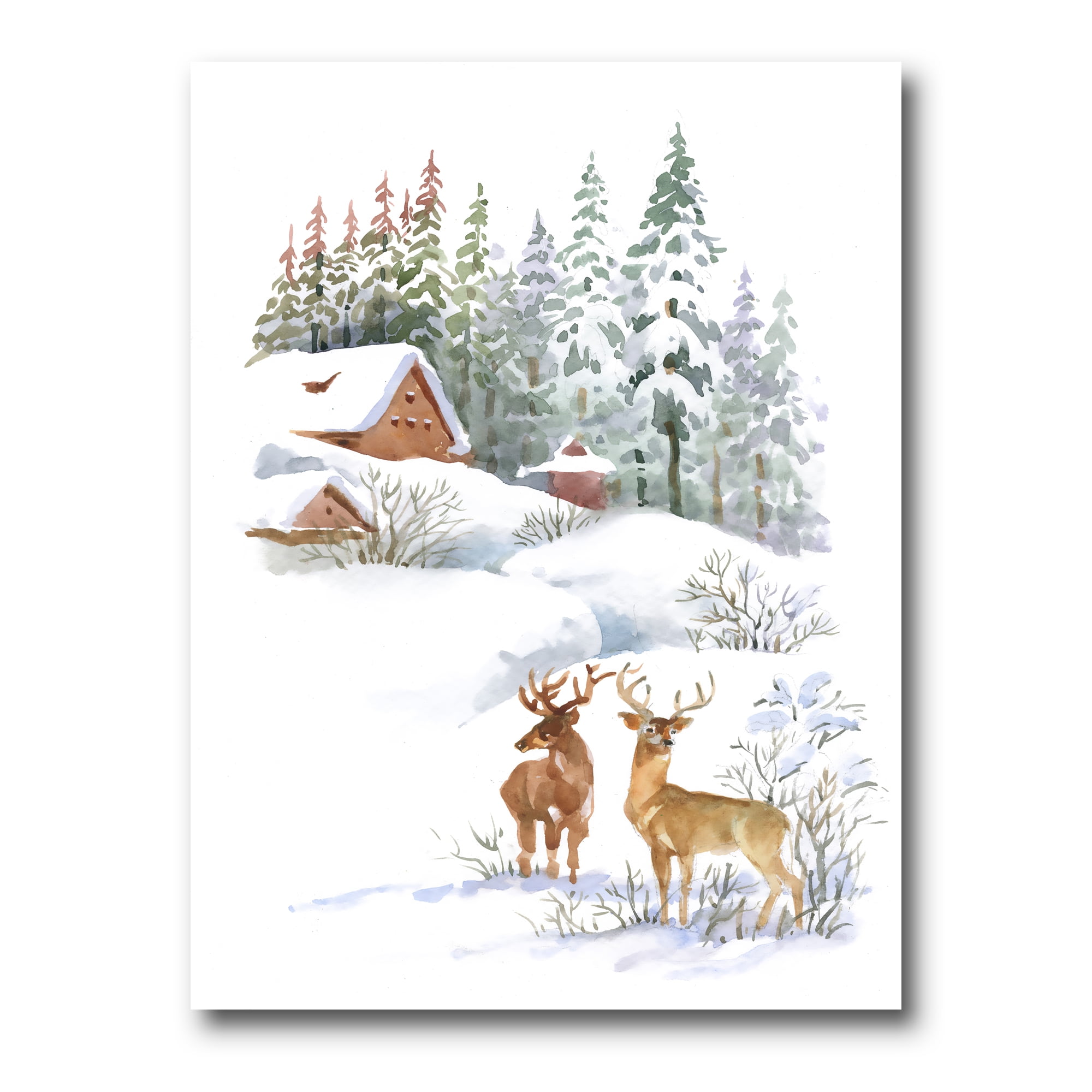 Designart ' Two Deers With Winter Cottage ' Farmhouse Canvas Wall Art Print