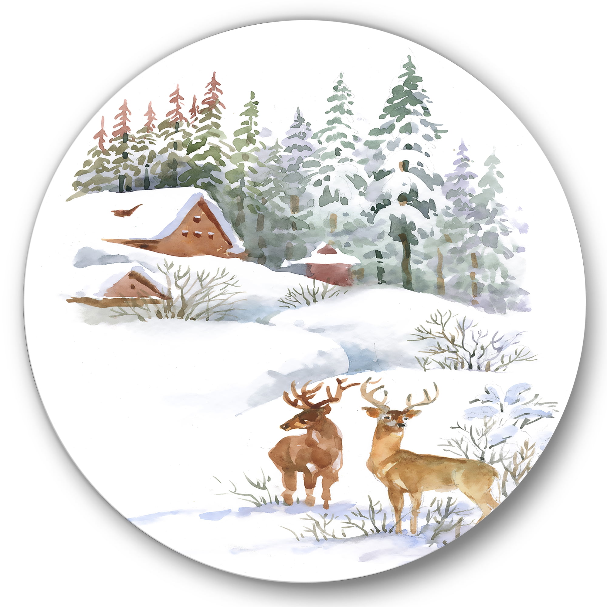 Designart 'Two Deers With Winter Cottage' Farmhouse Circle Metal Wall Art 36x36 - Disc of 36