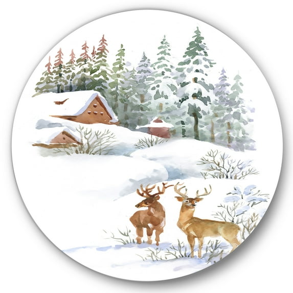 Designart 'Two Deers With Winter Cottage' Farmhouse Circle Metal Wall Art 36x36 - Disc of 36