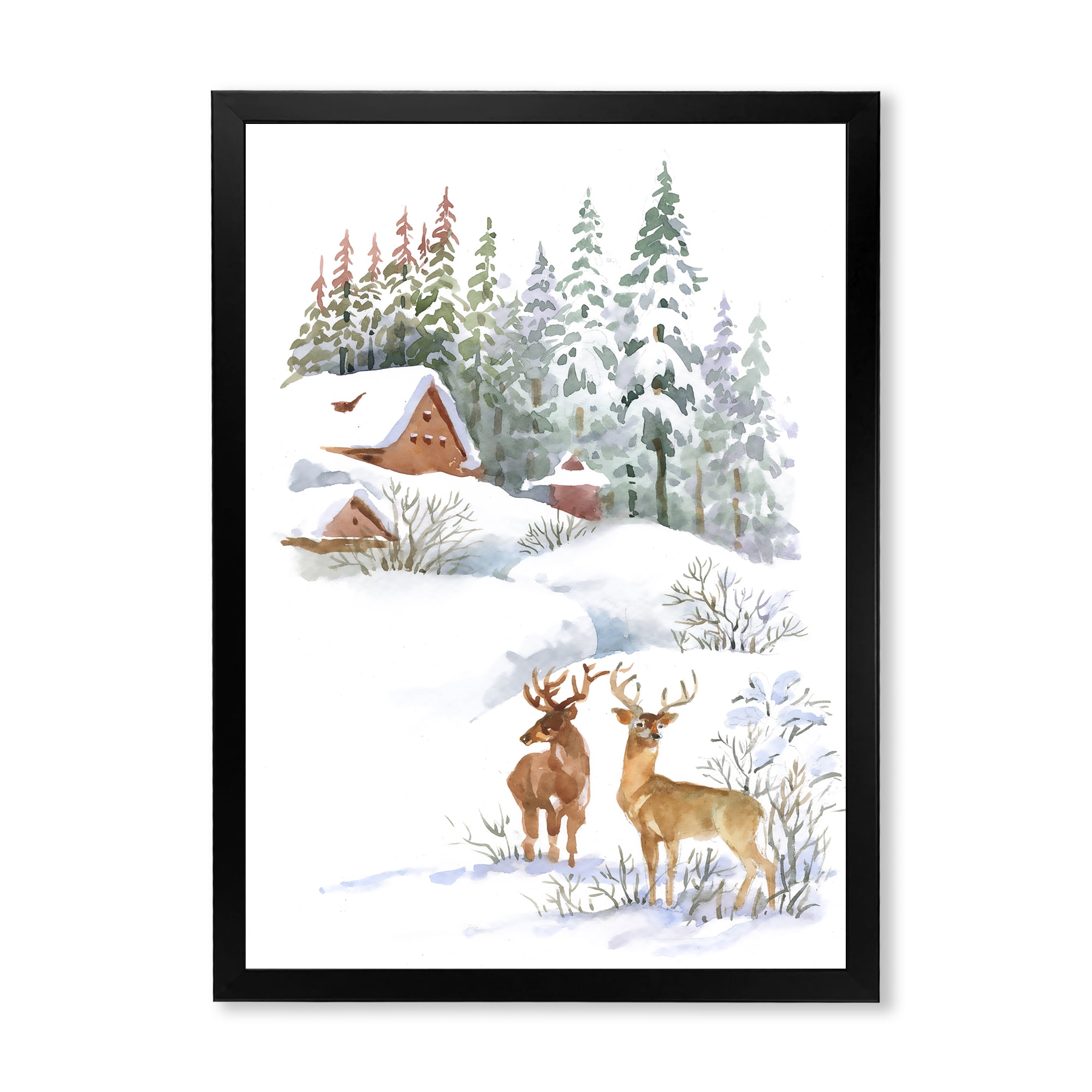 Designart 'Two Deers With Winter Cottage' Farmhouse Framed Art Print