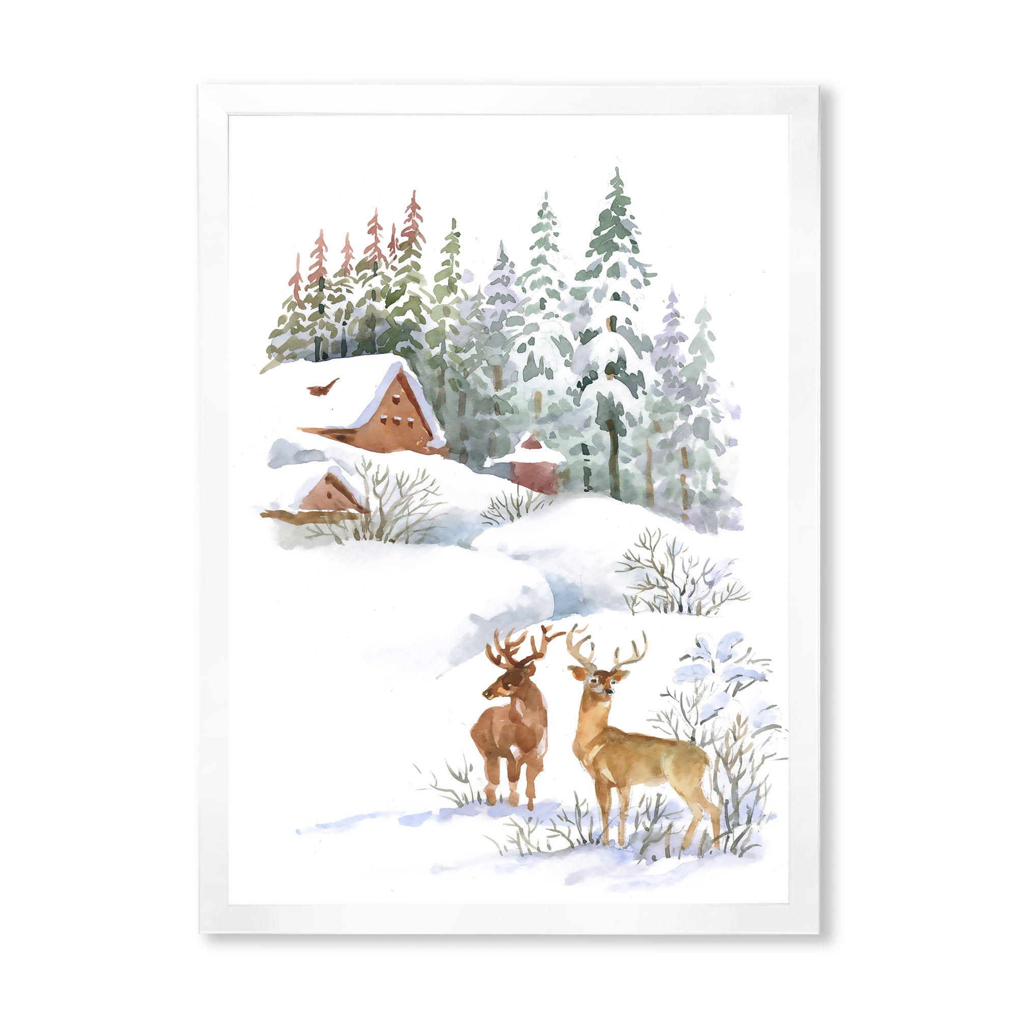 Designart 'Two Deers With Winter Cottage' Farmhouse Framed Art Print