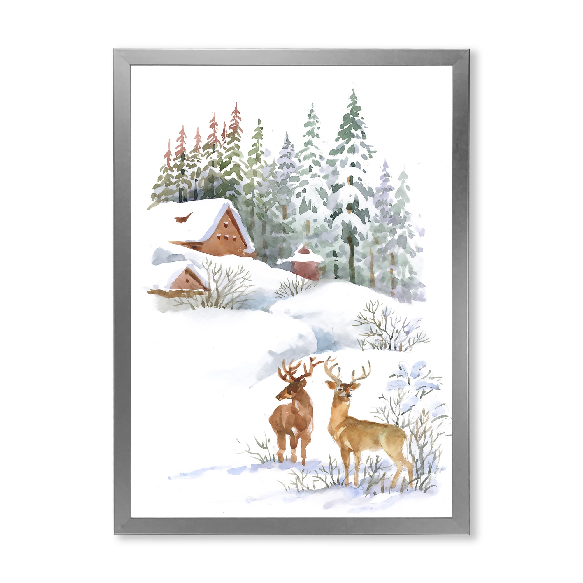 Designart 'Two Deers With Winter Cottage' Farmhouse Framed Art Print