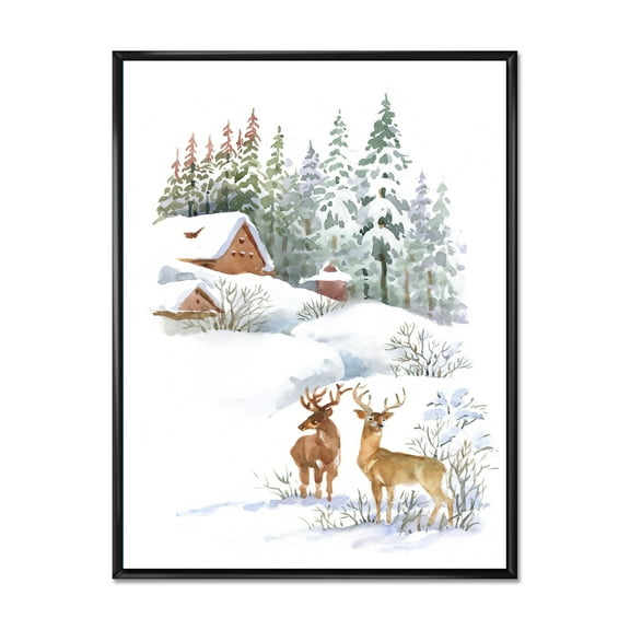 Designart 'Two Deers With Winter Cottage' Farmhouse Framed Canvas Wall Art Print