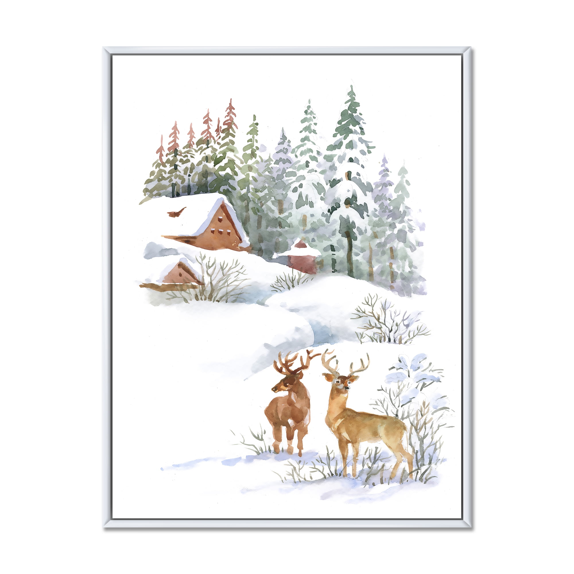 Designart 'Two Deers With Winter Cottage' Farmhouse Framed Canvas Wall Art Print