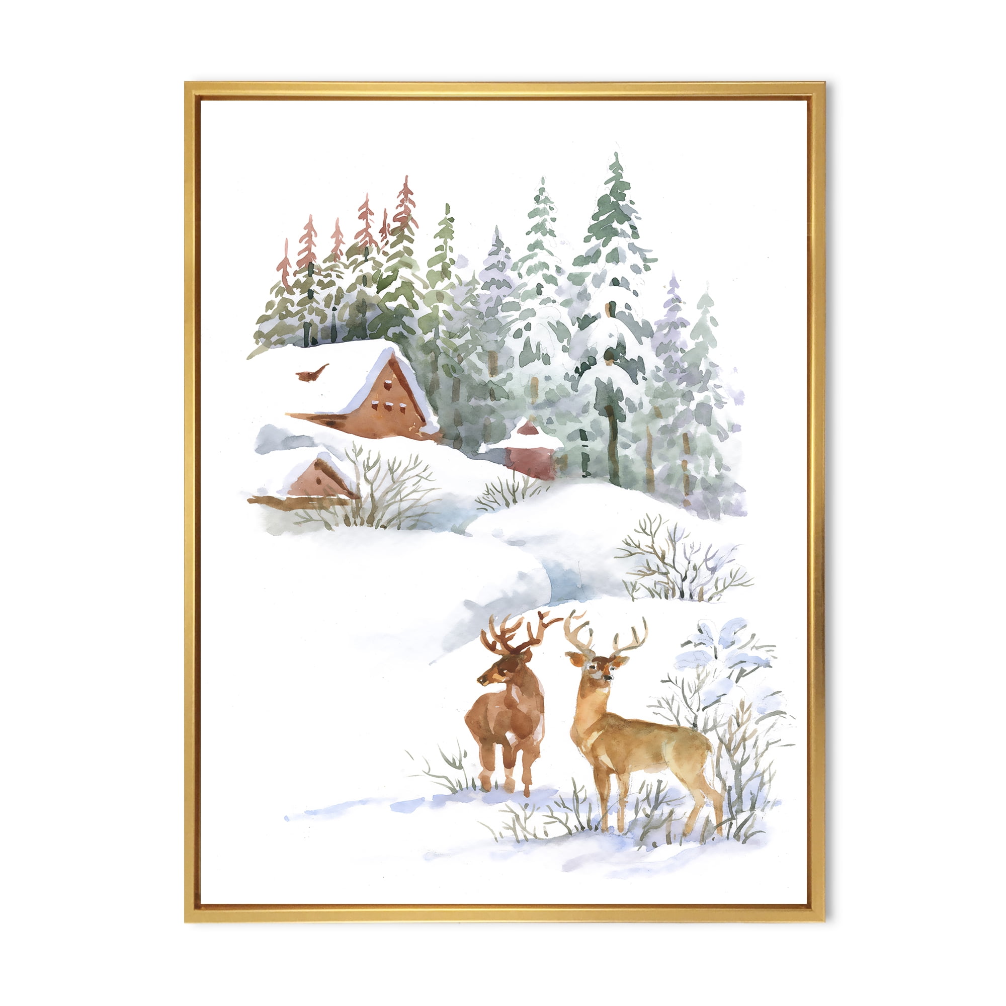 Designart 'Two Deers With Winter Cottage' Farmhouse Framed Canvas Wall Art Print